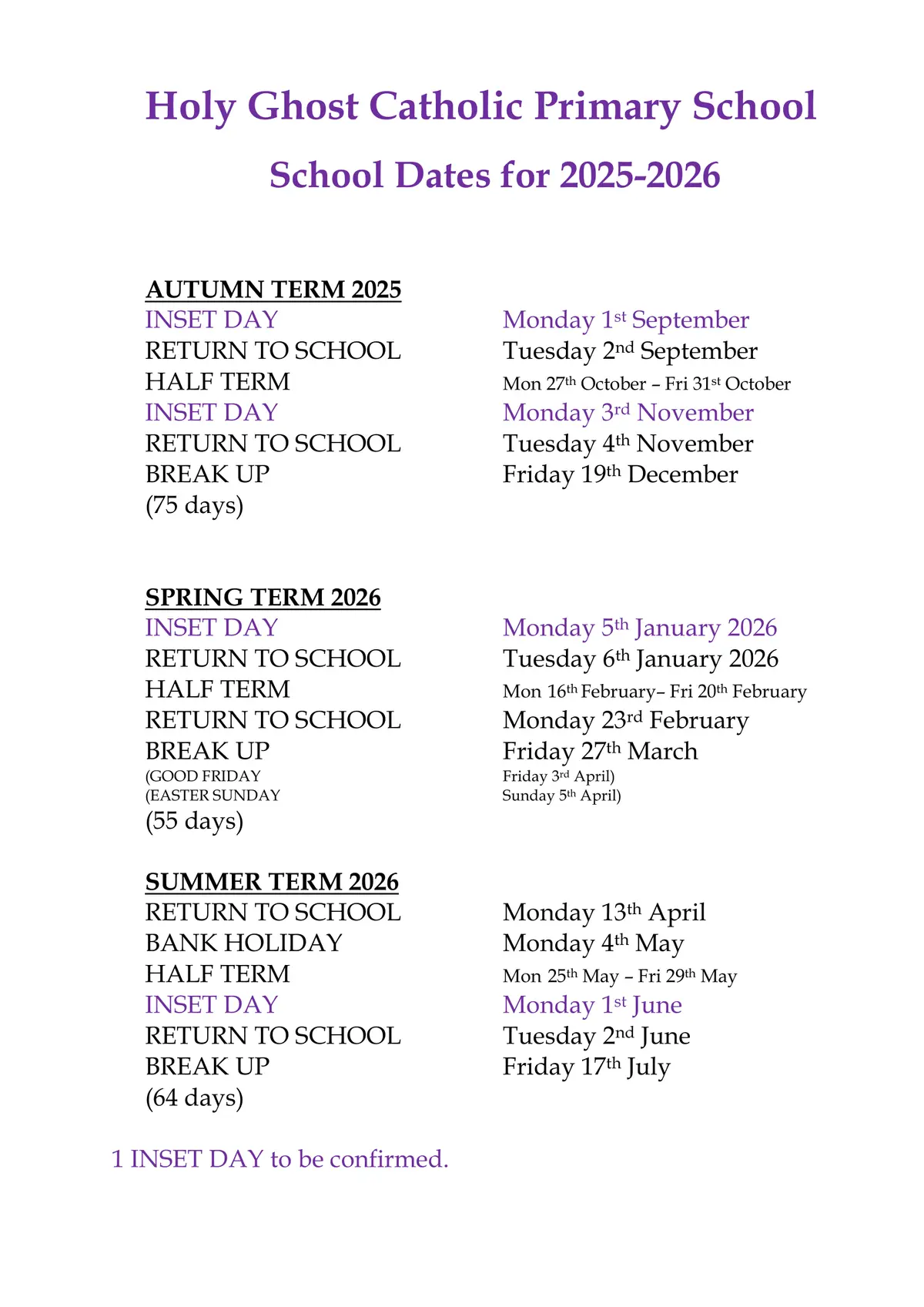 Holy Ghost Catholic Primary School term dates
