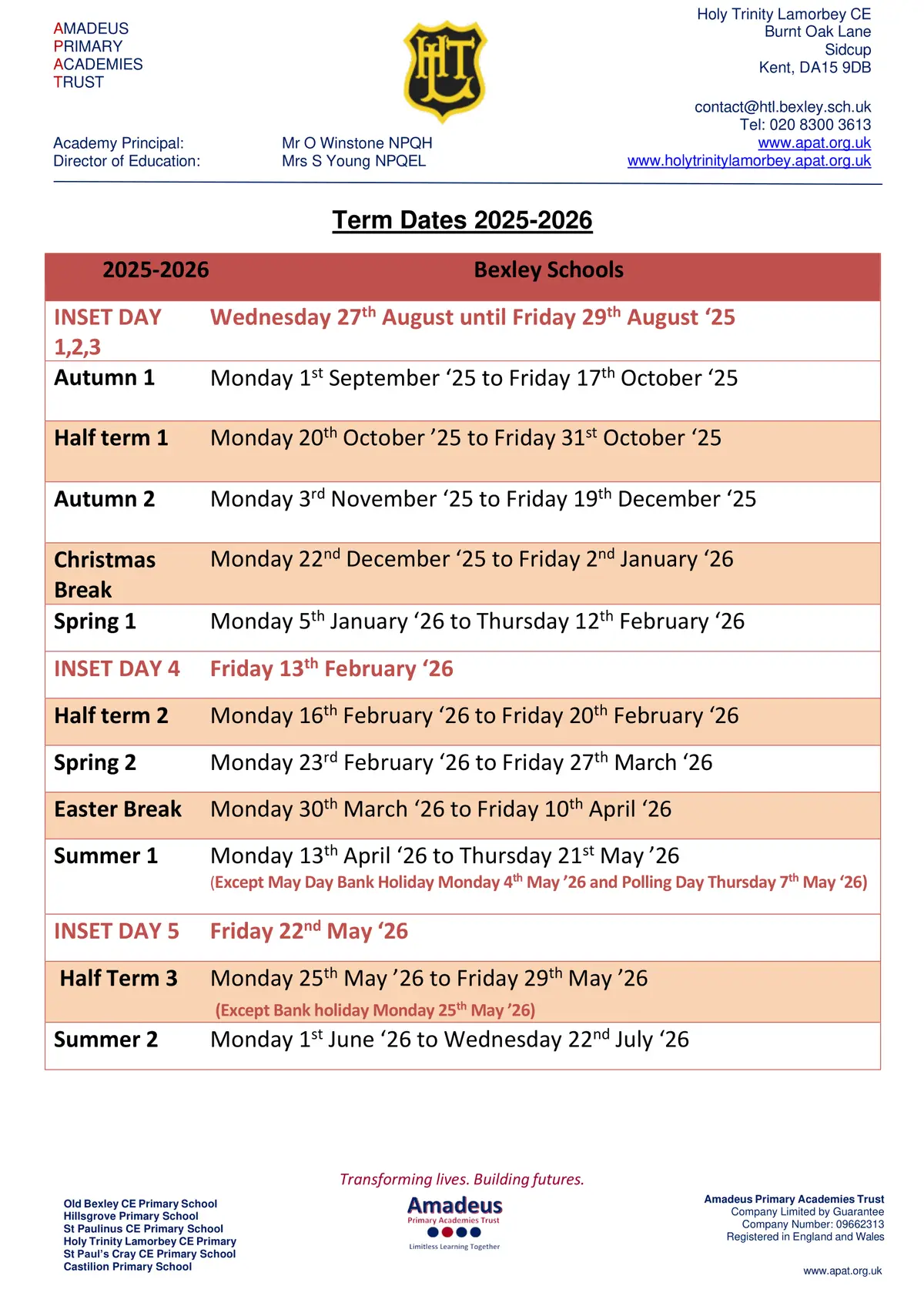 Holy Trinity Catholic Primary School term dates