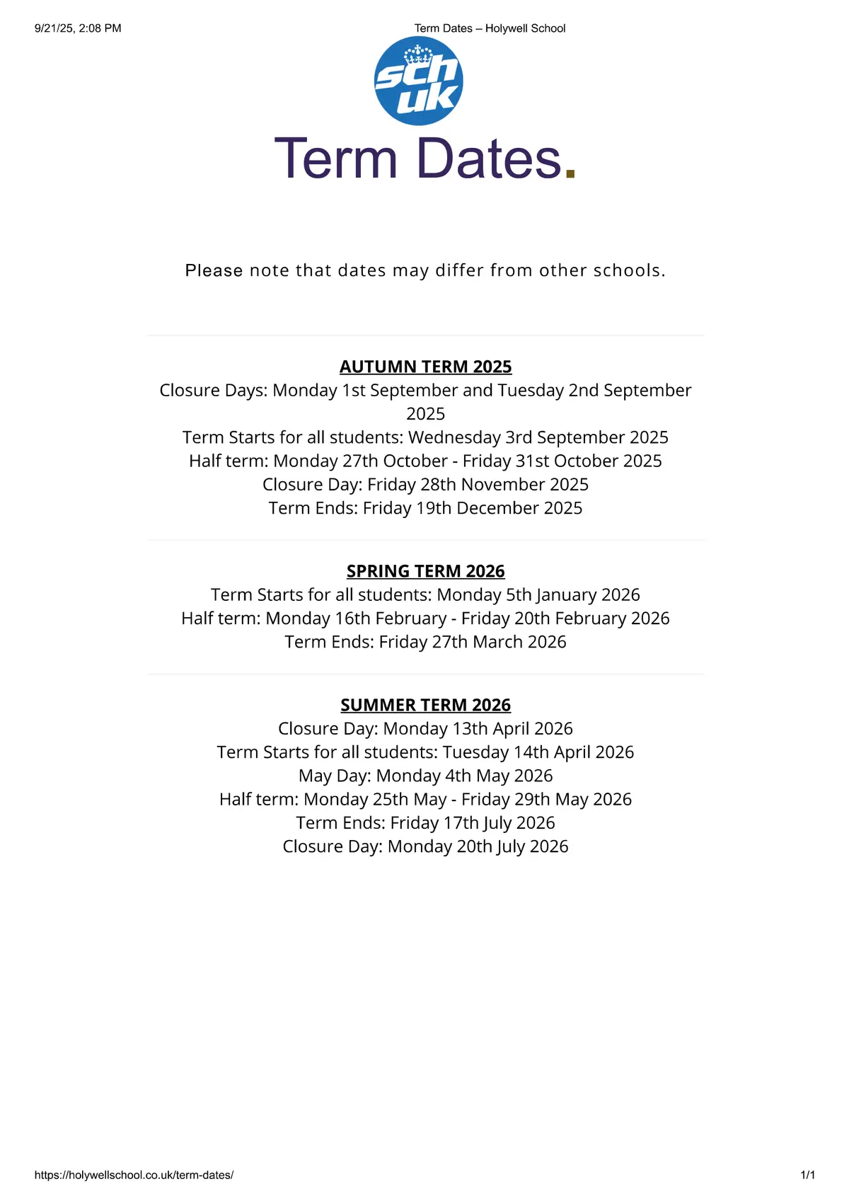Holywell School term dates