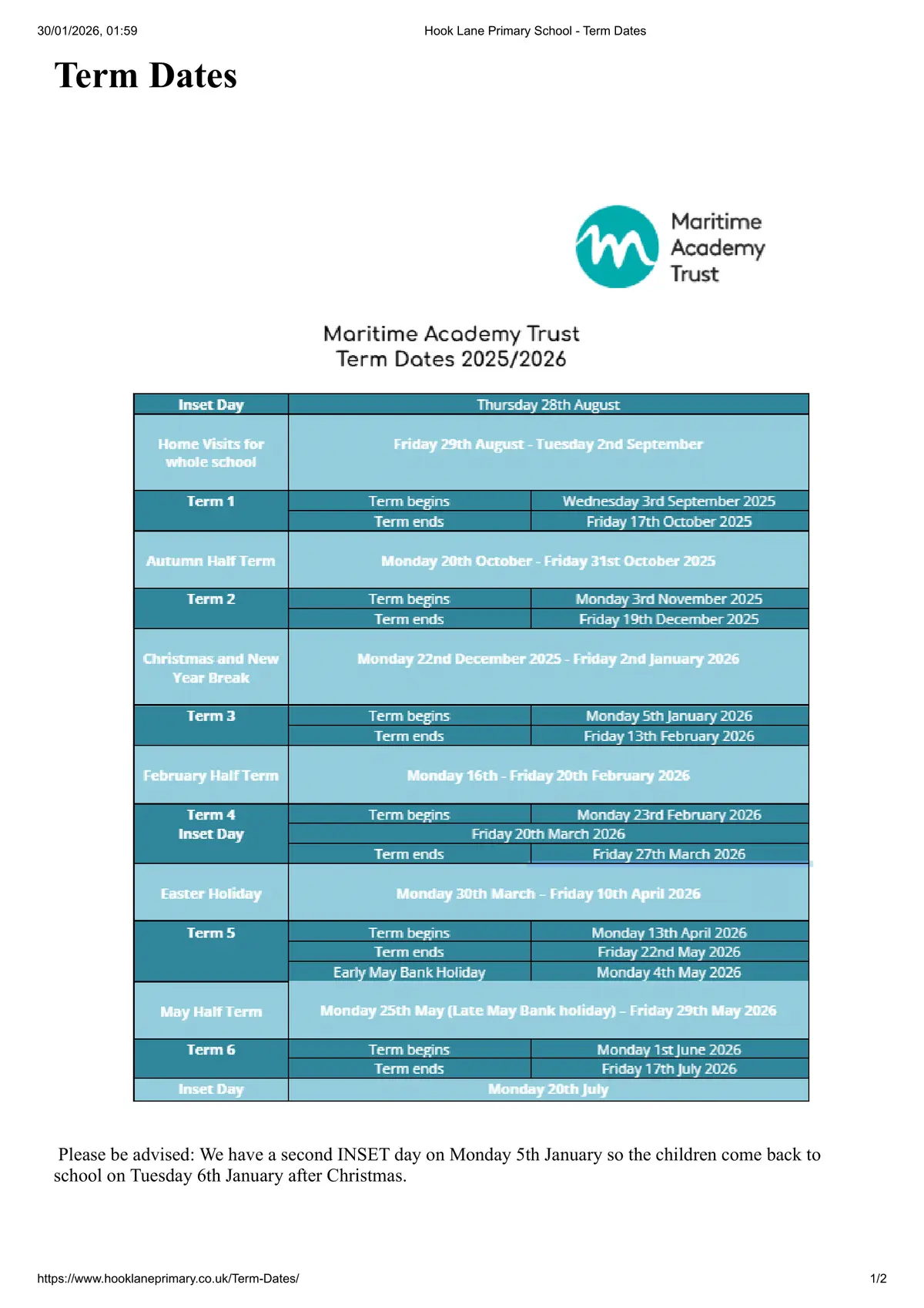 Hook Lane Primary School term dates