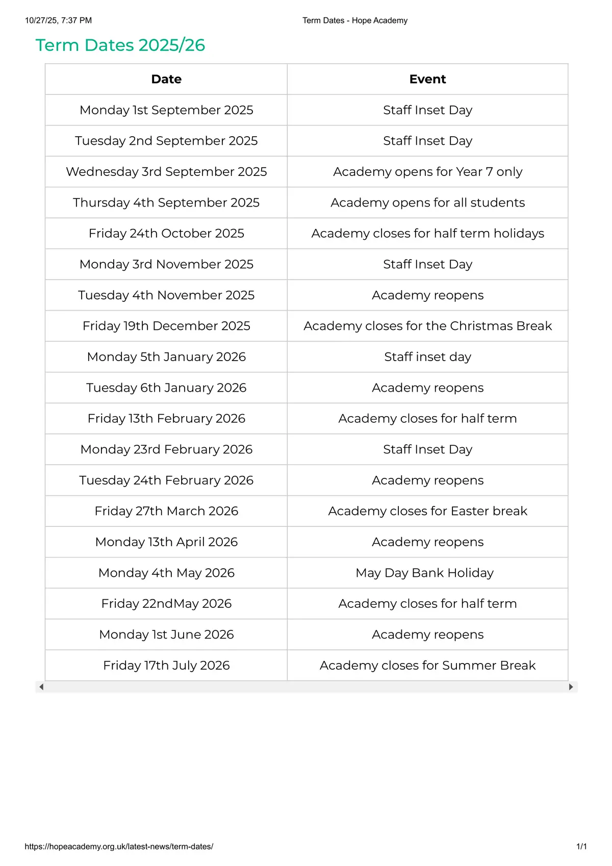 Hope Academy term dates