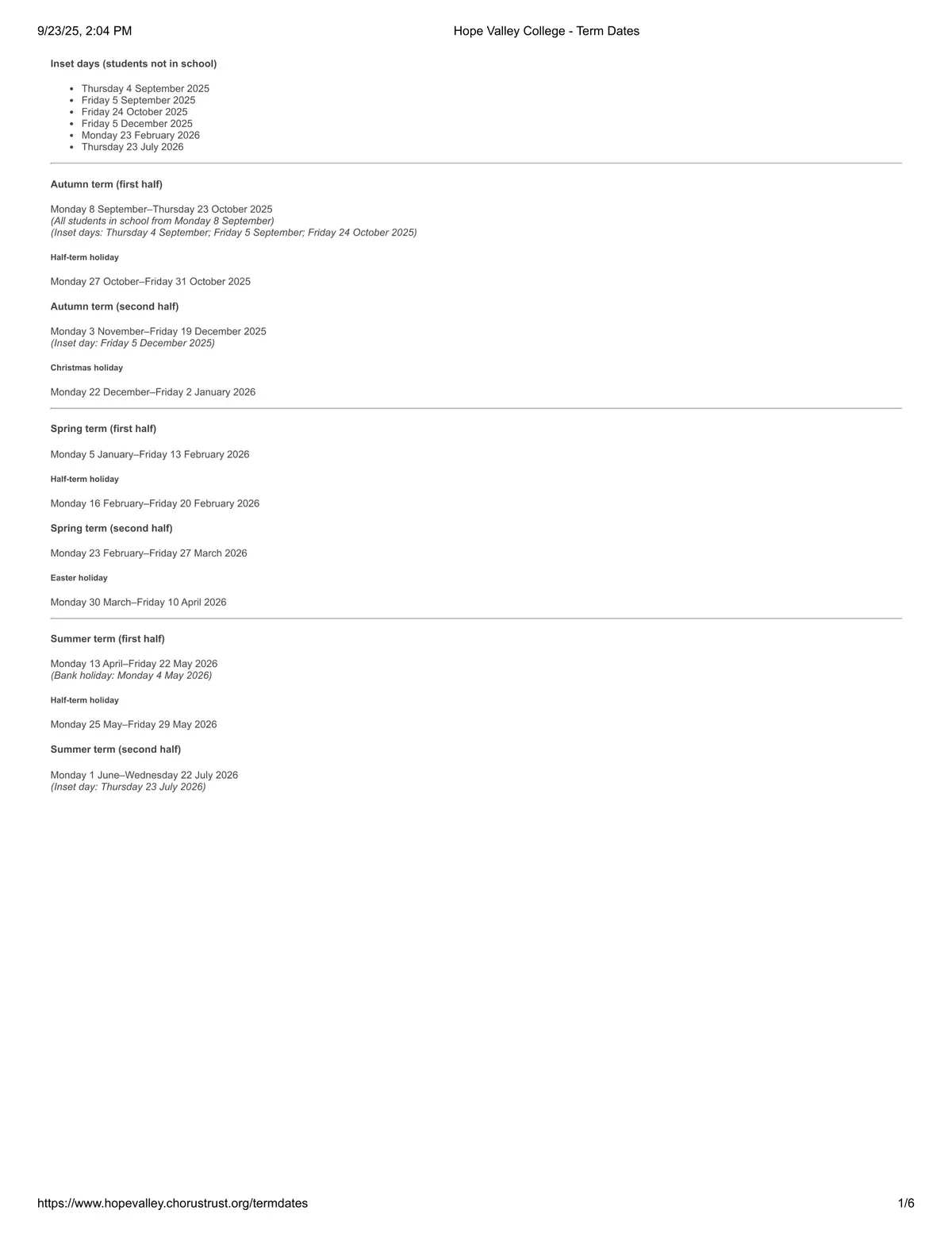 Hope Valley College term dates