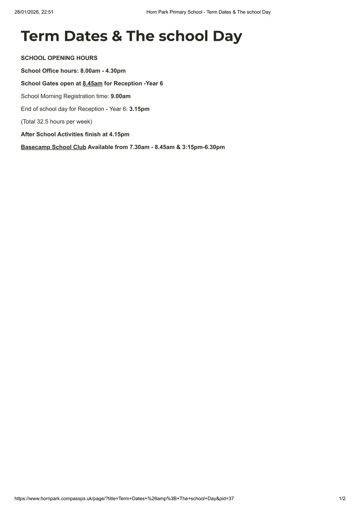Horn Park Primary School term dates