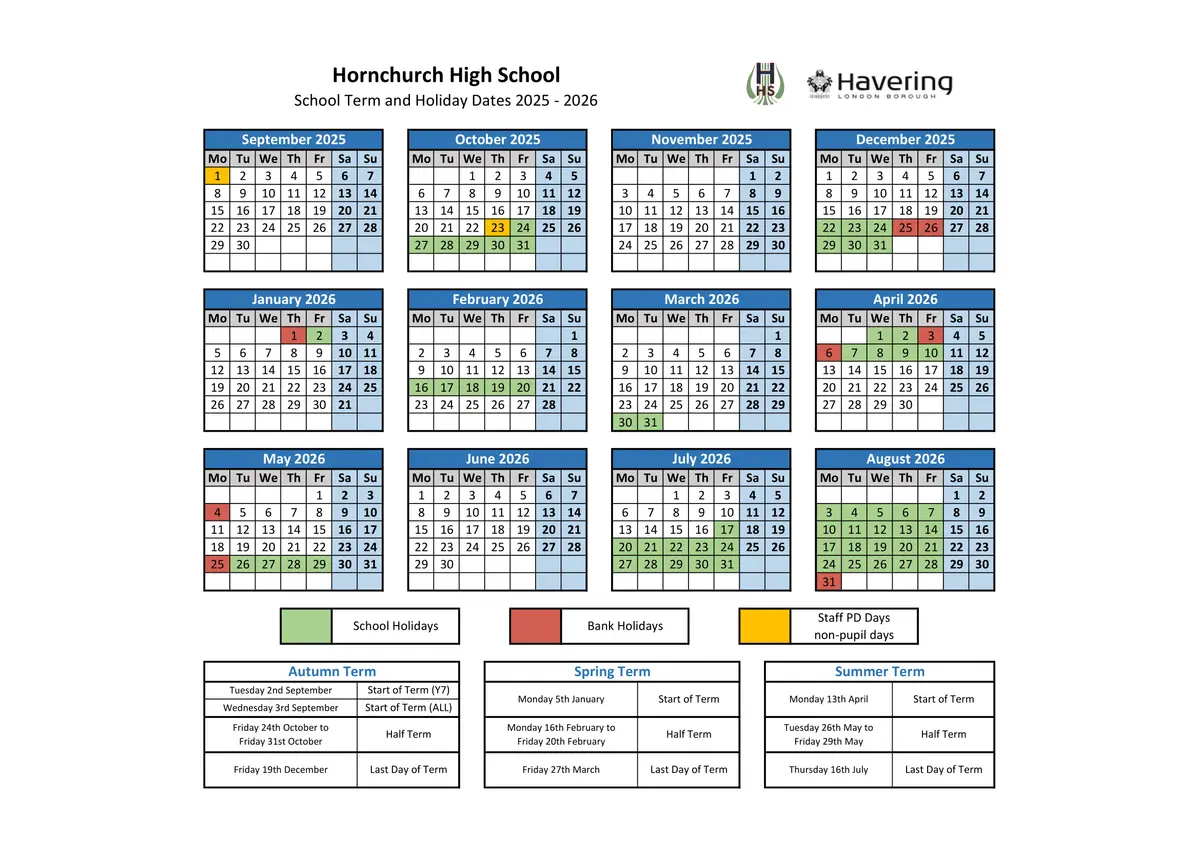Hornchurch High School term dates