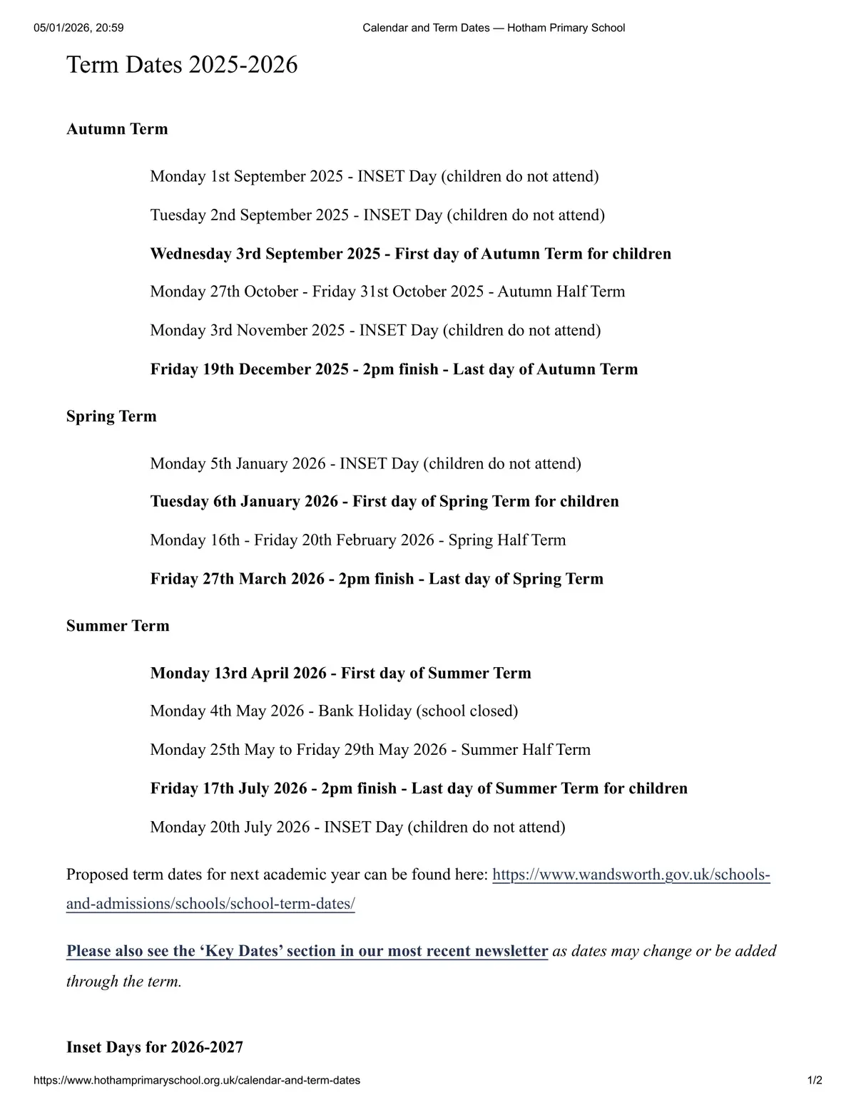 Hotham Primary School term dates
