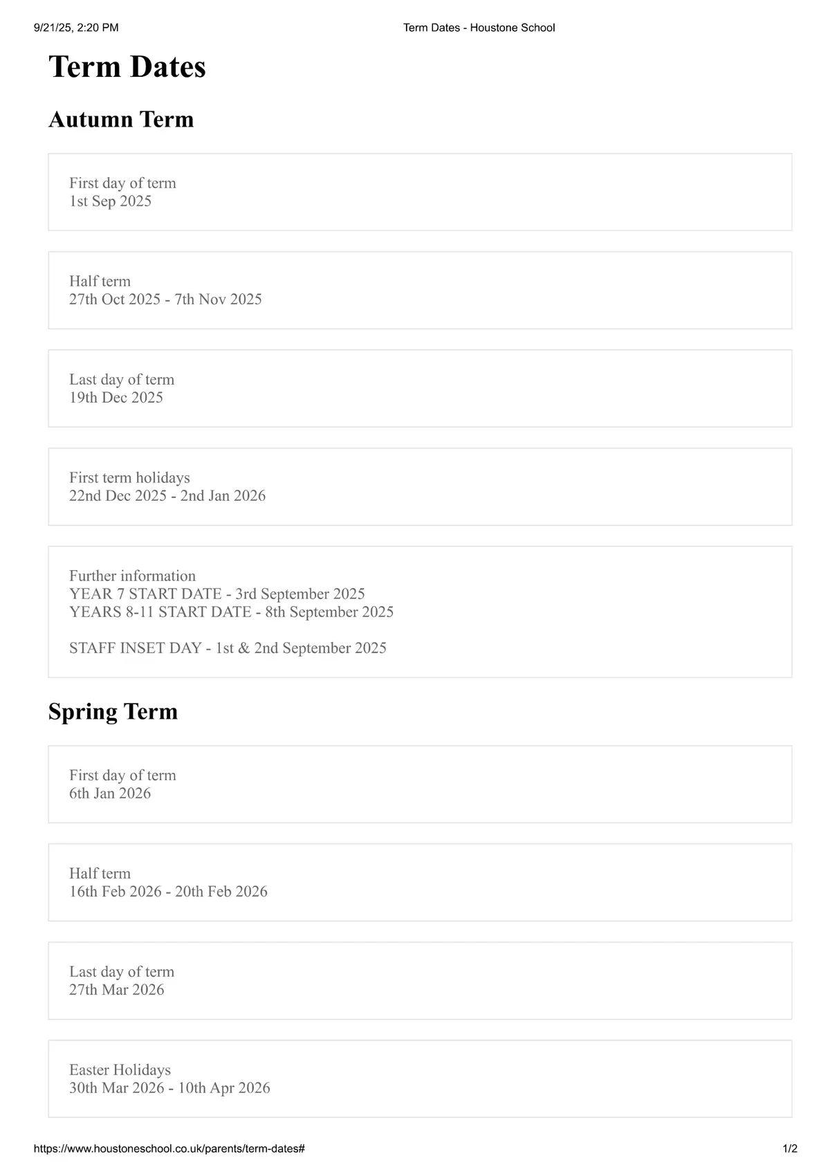 Houstone School term dates