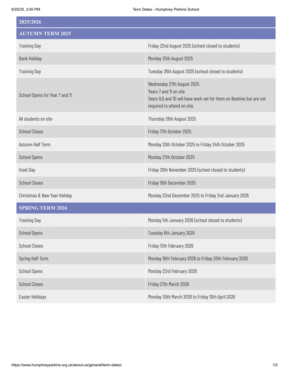 Humphrey Perkins School term dates