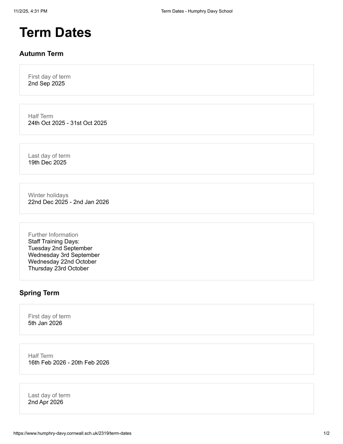 Humphry Davy School term dates