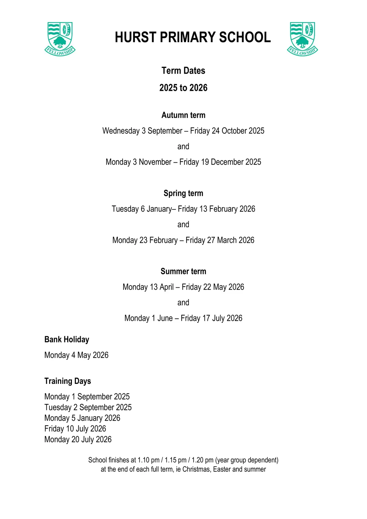 Hurst Primary School term dates