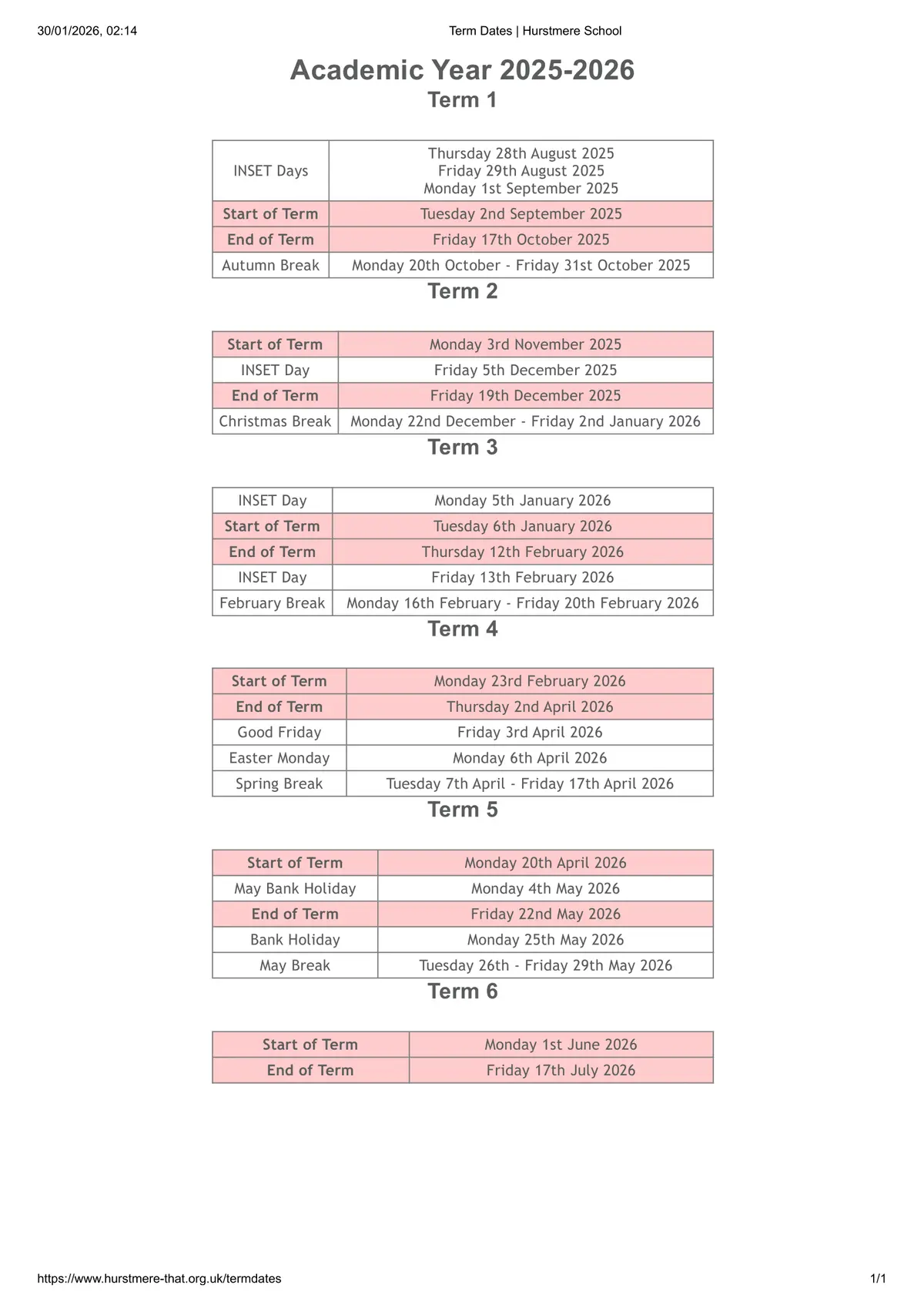 Hurstmere School term dates
