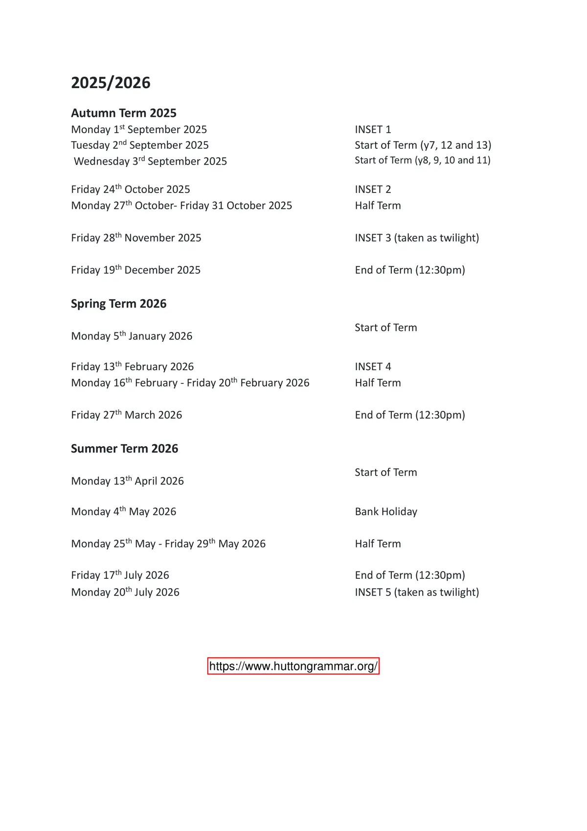 Hutton Church of England Grammar School term dates