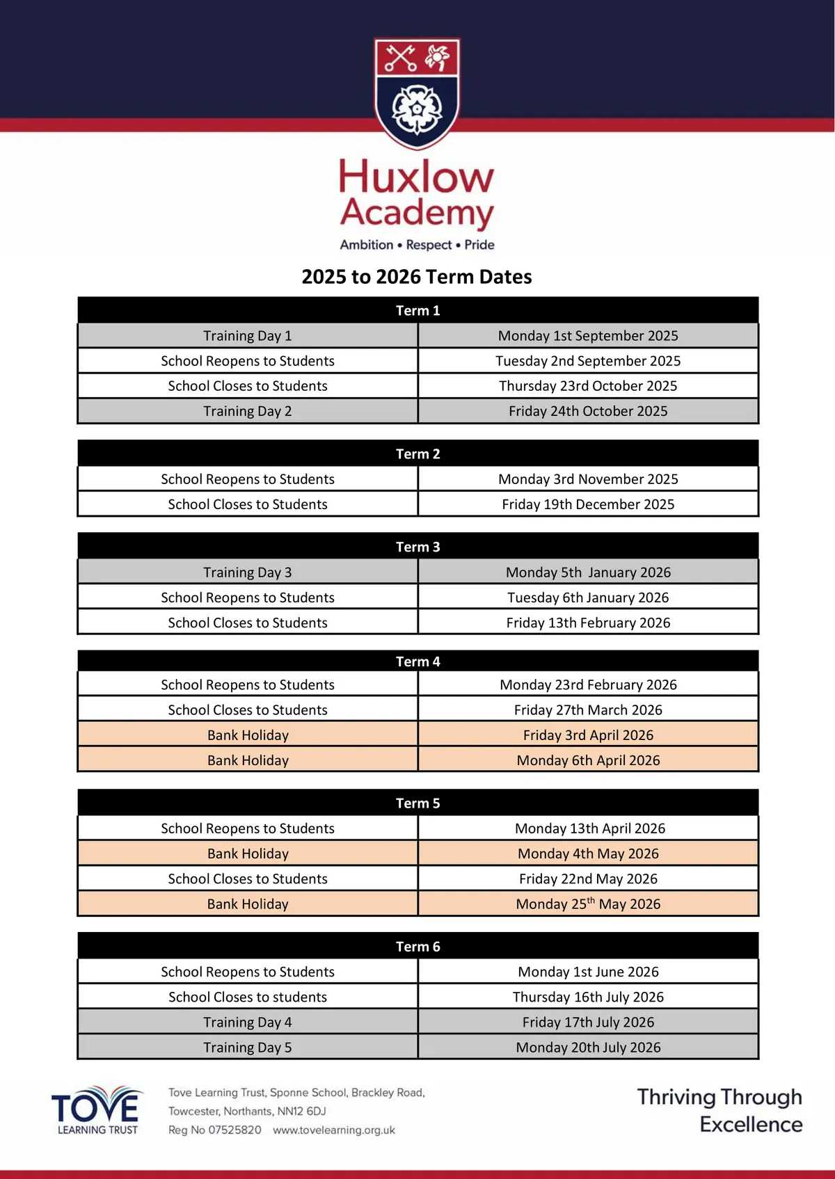 Huxlow Academy term dates