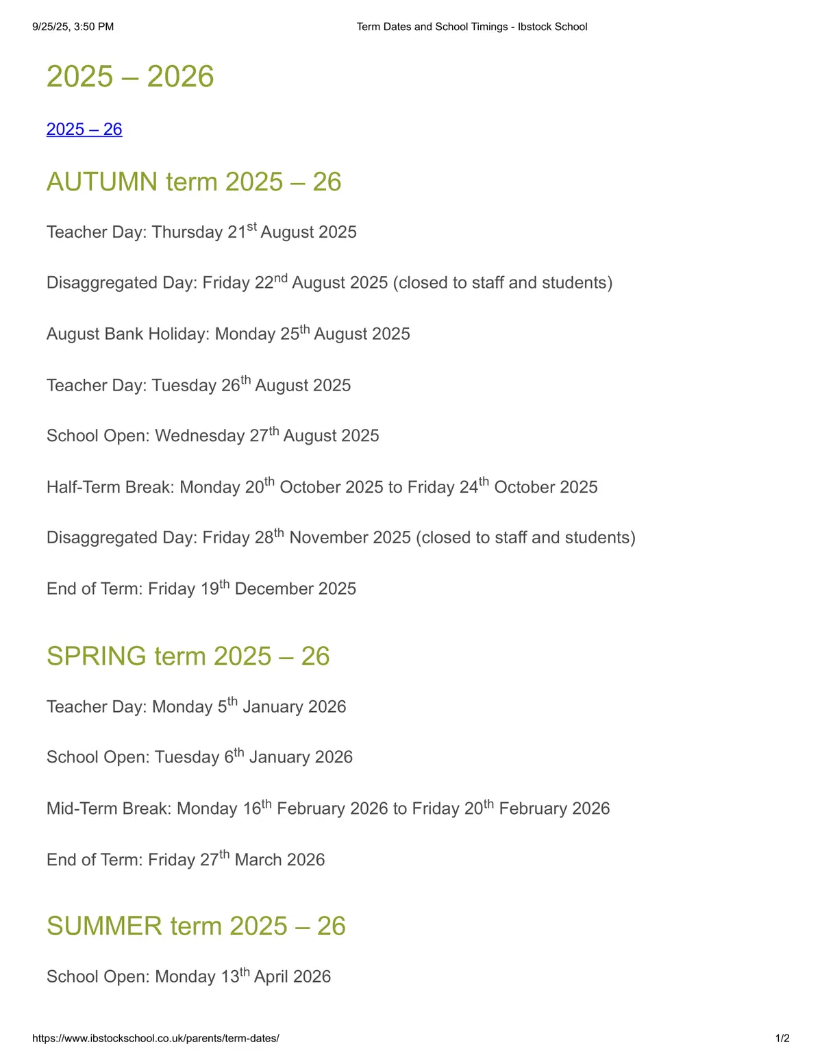 Ibstock School term dates