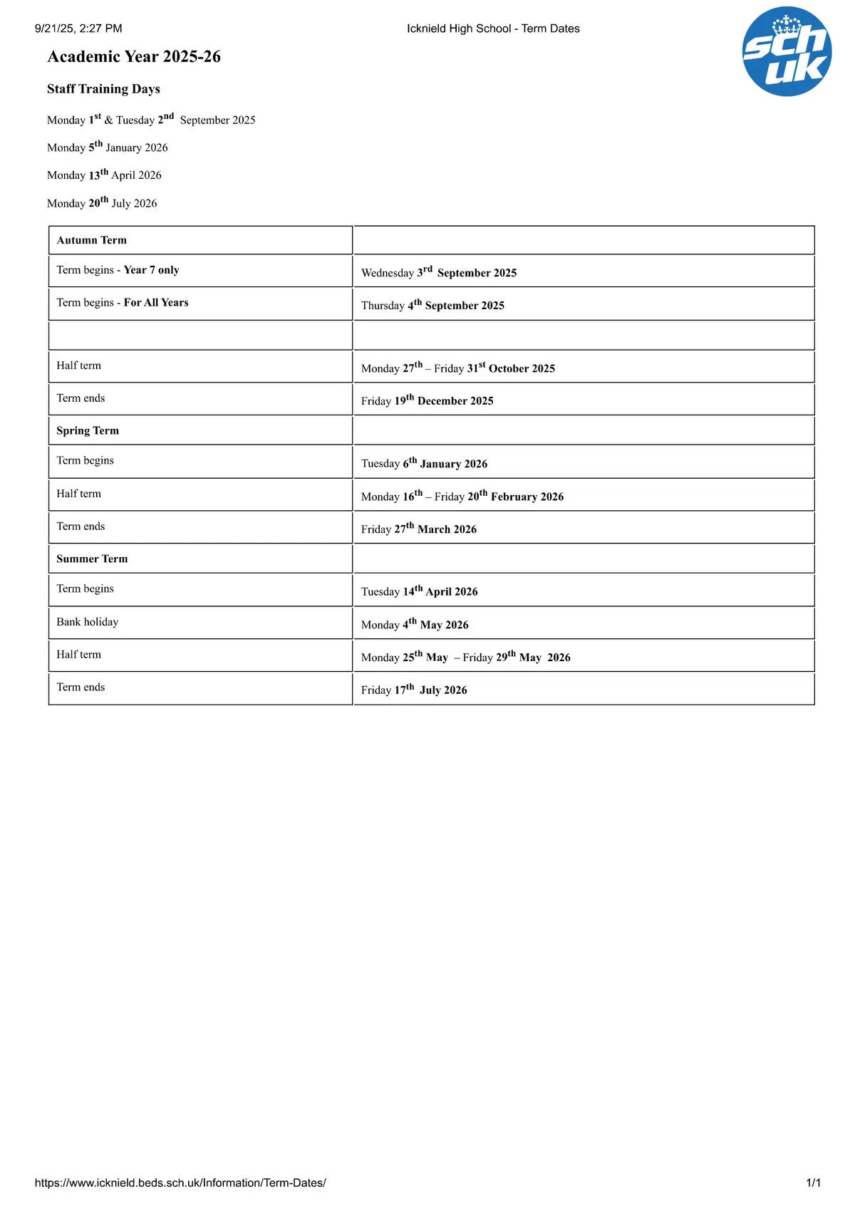 Icknield High School term dates