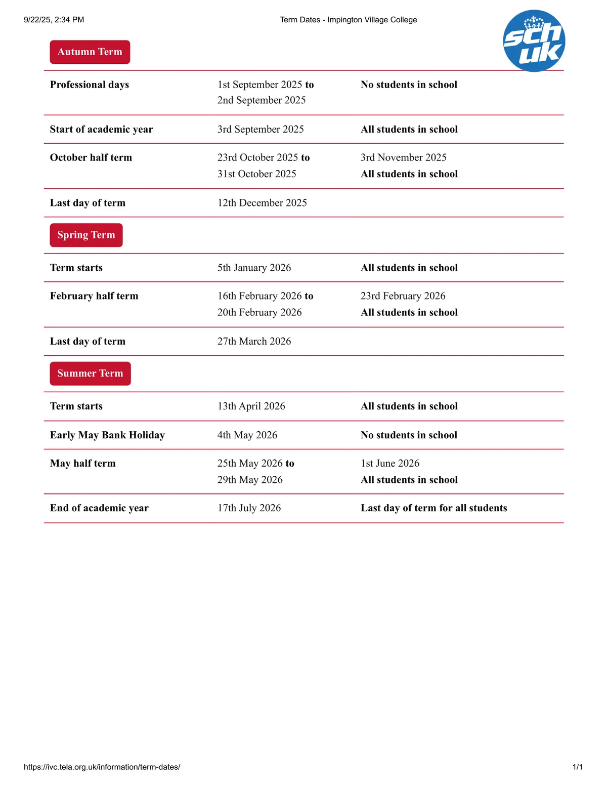 Impington Village College term dates