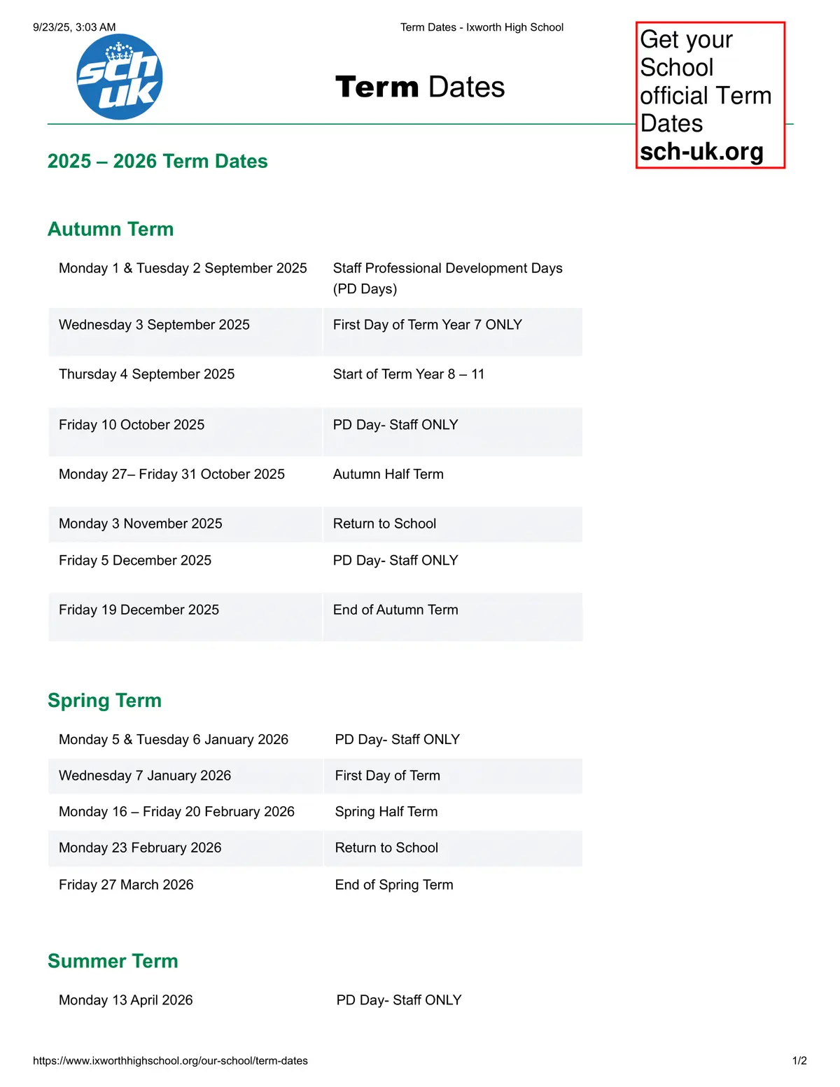 Ixworth High School term dates