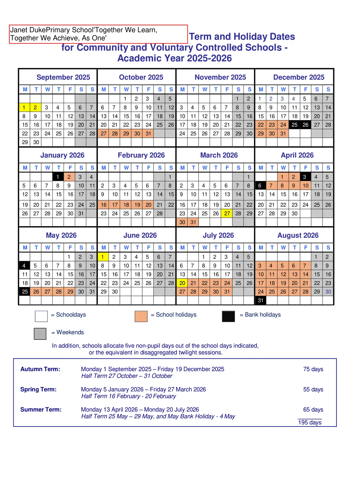 Janet Duke Primary School term dates