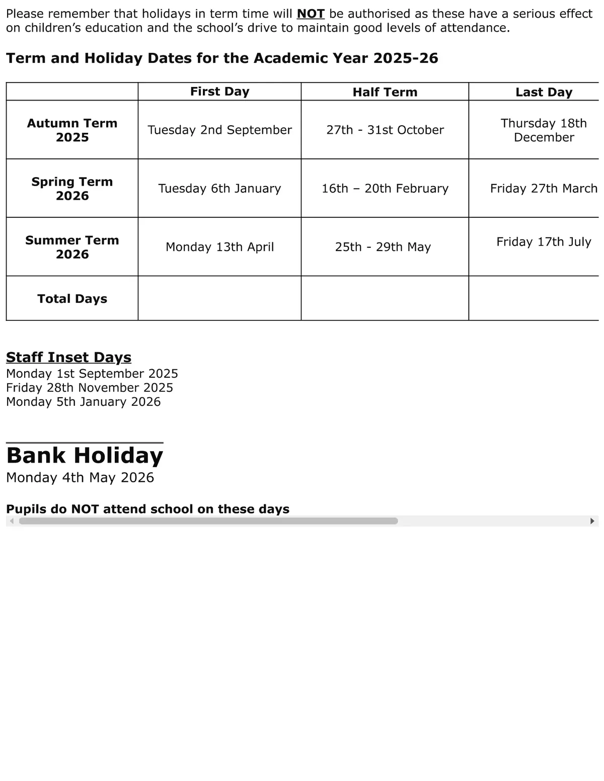 John Betts Primary School term dates