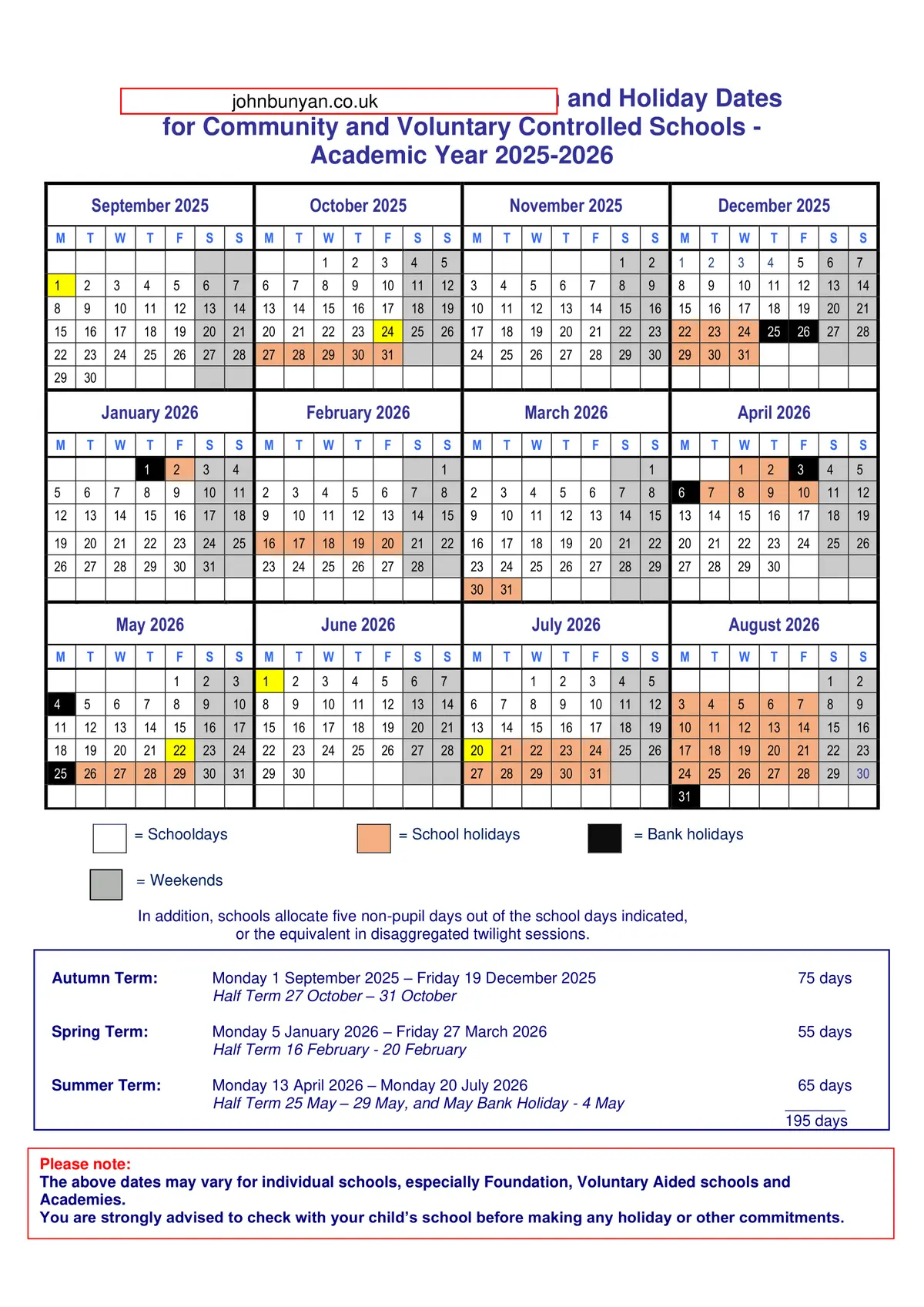 John Bunyan Primary School and Nursery term dates