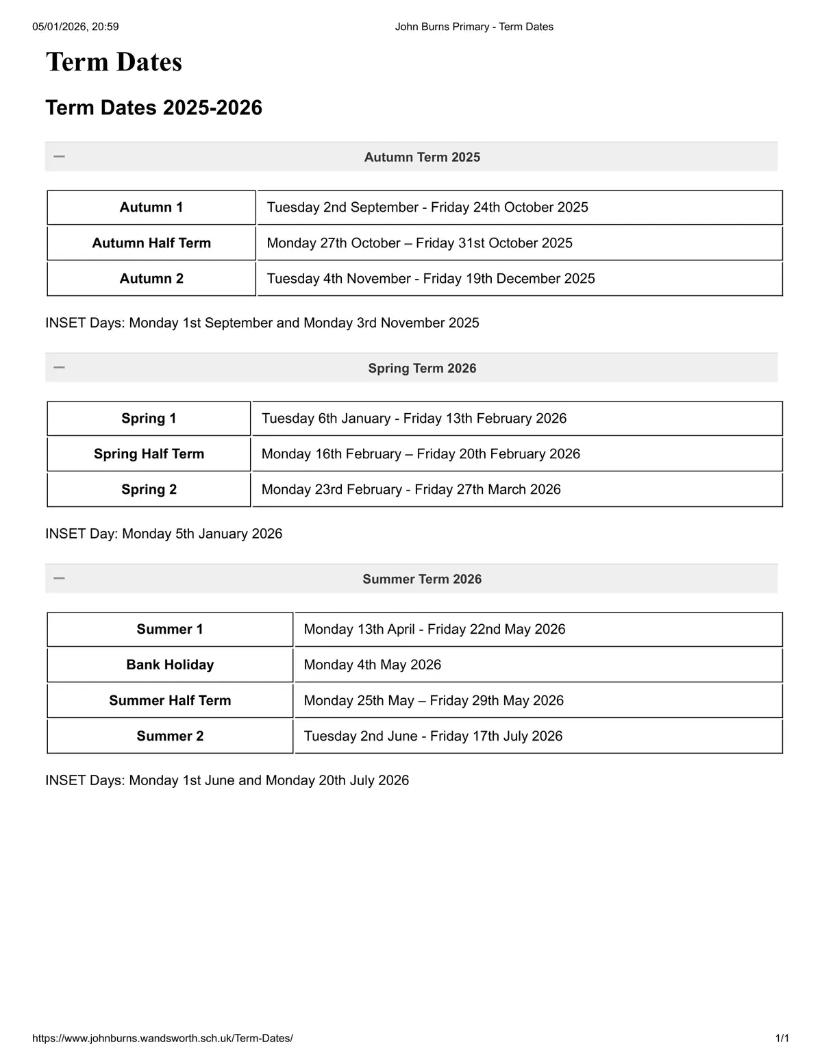John Burns Primary School term dates