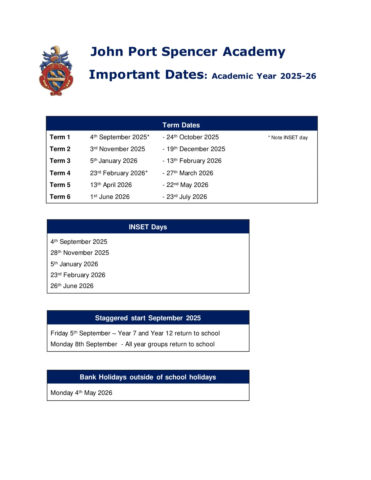 John Port Spencer Academy term dates