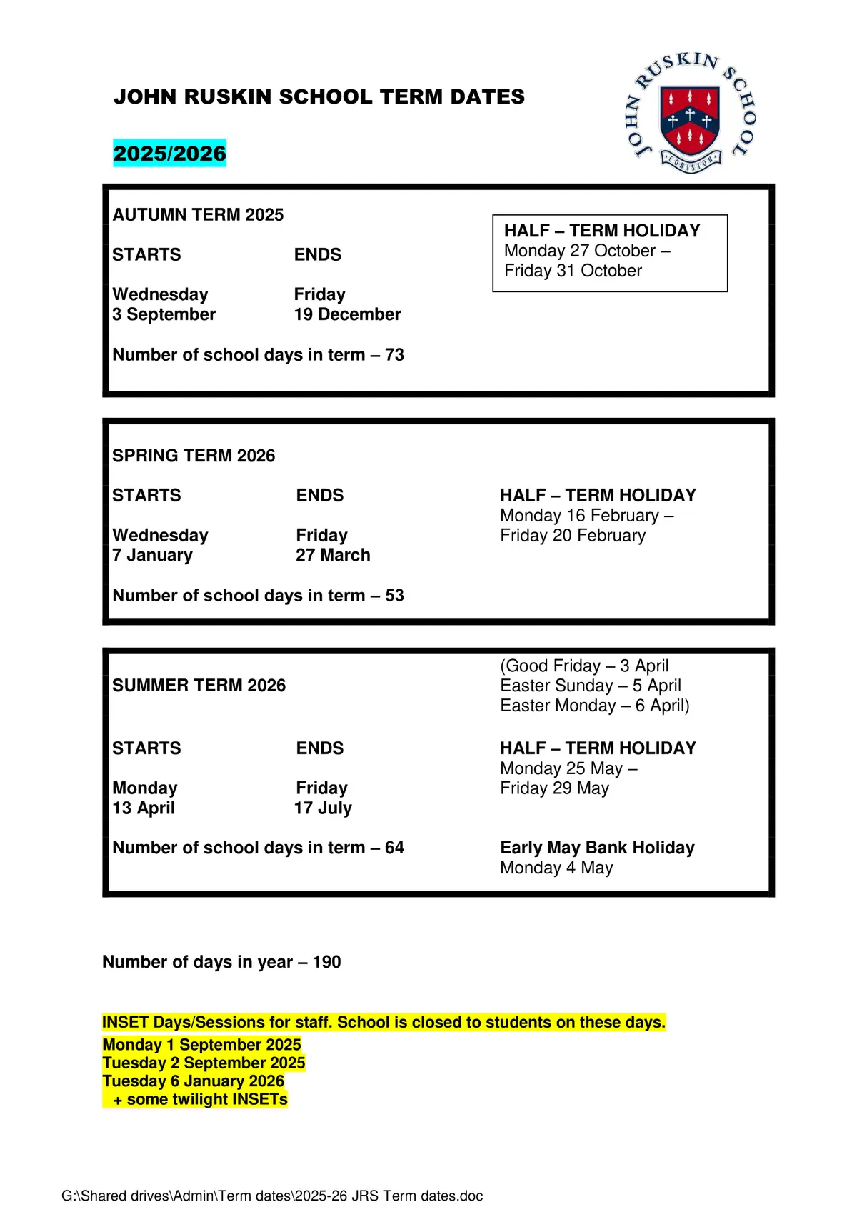 John Ruskin School term dates