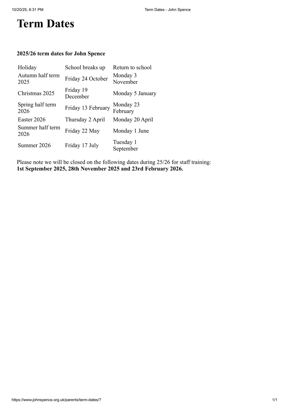 John Spence Community High School term dates