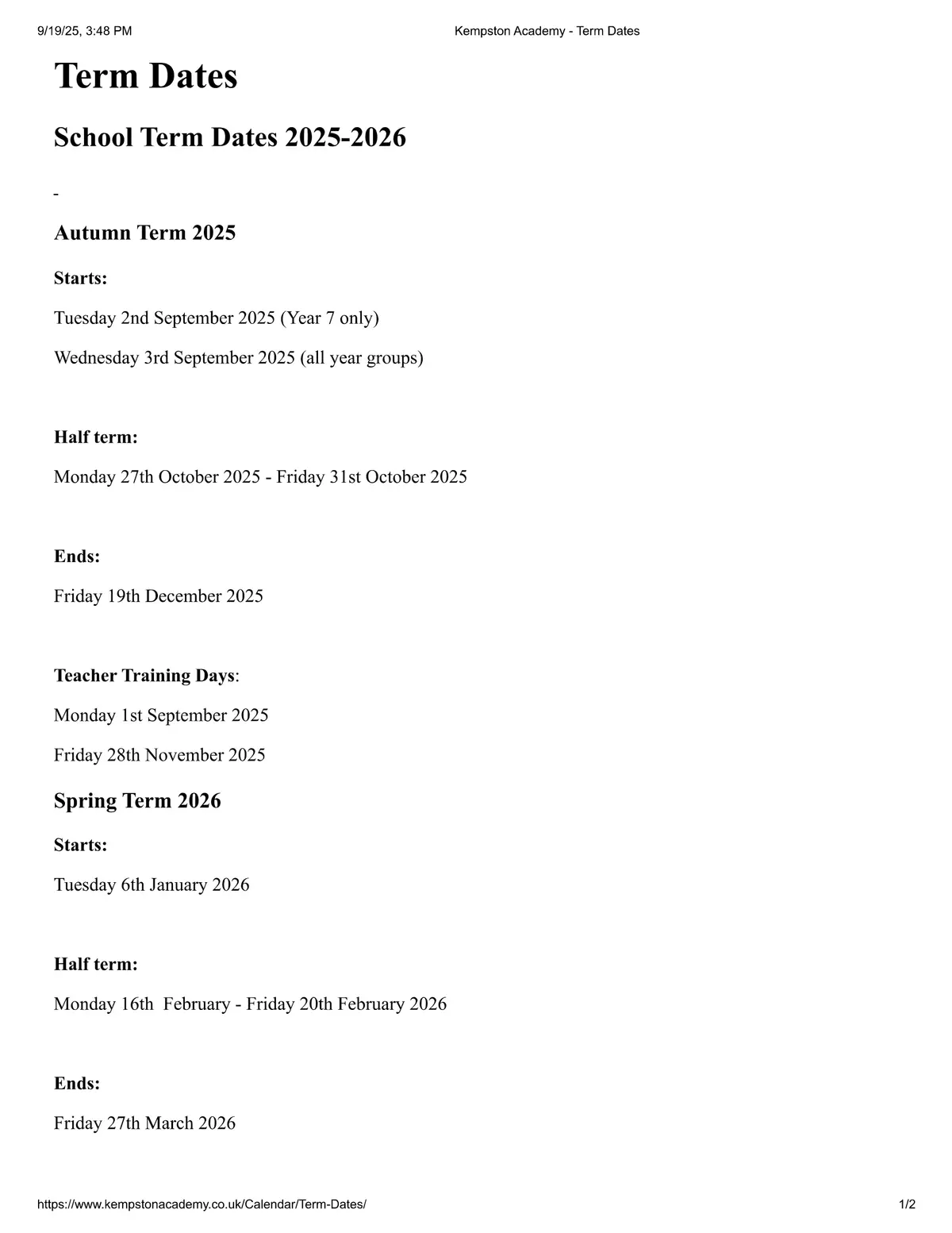 Kempston Academy term dates