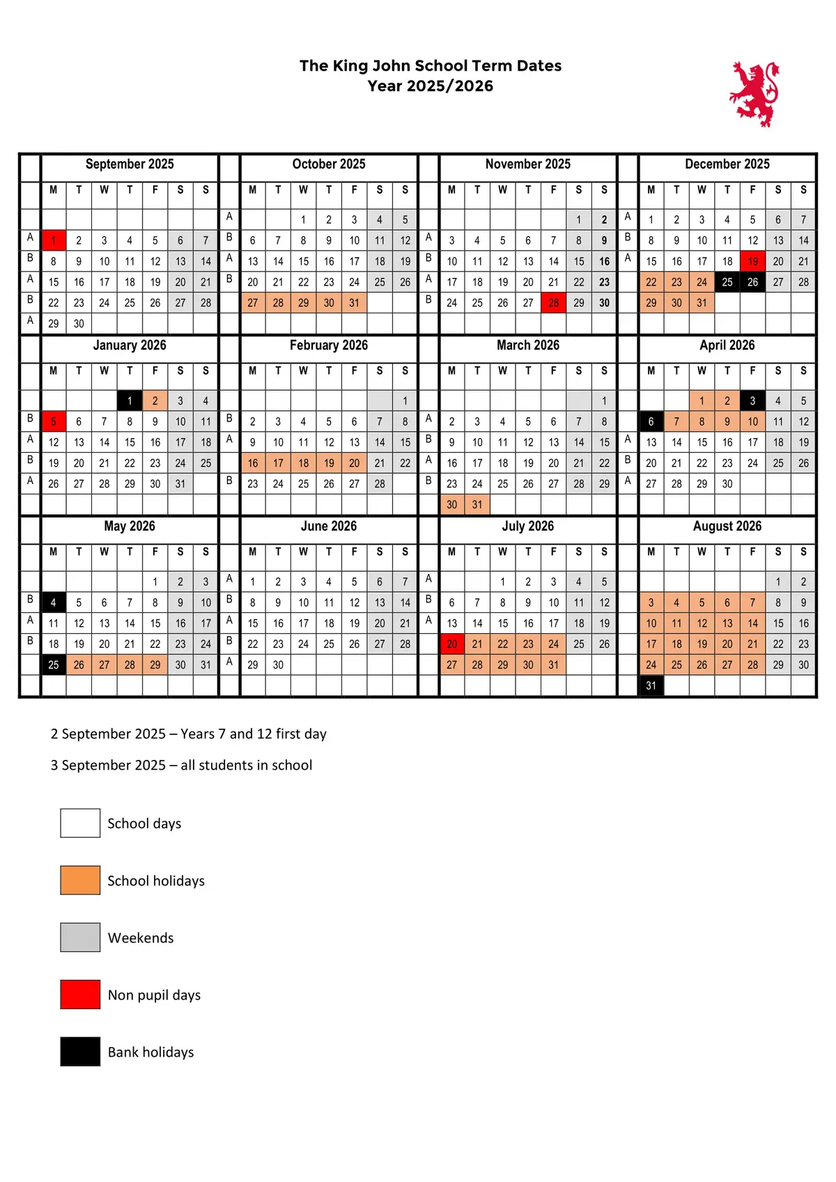 The King John School term dates