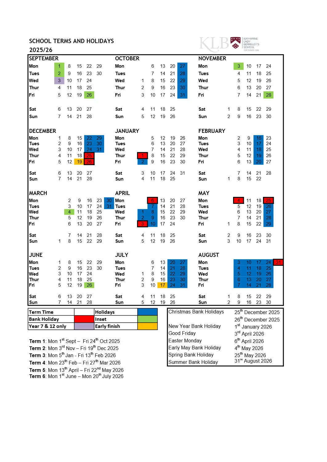 Katharine Lady Berkeley's School term dates