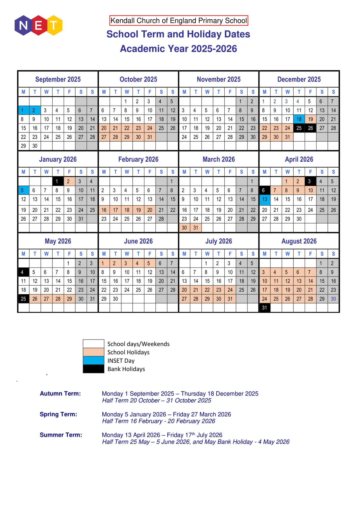 Kendall Church of England Primary School term dates