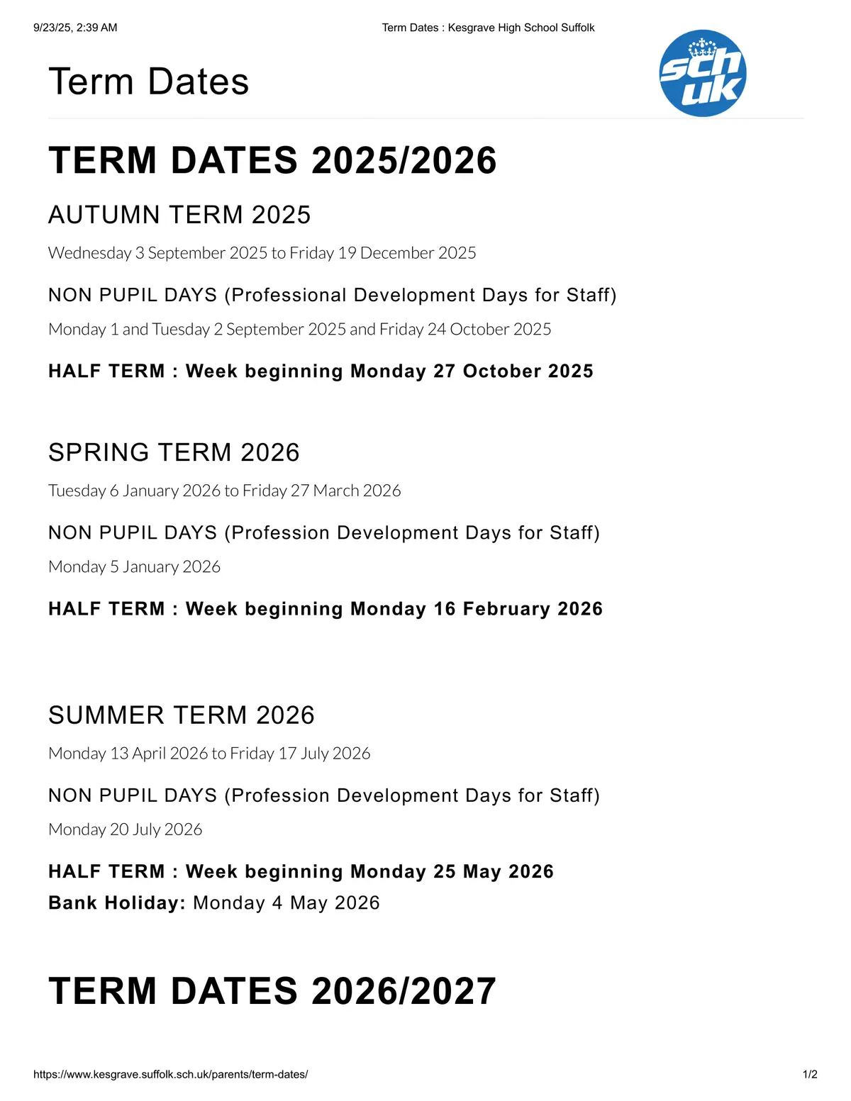 Kesgrave High School term dates