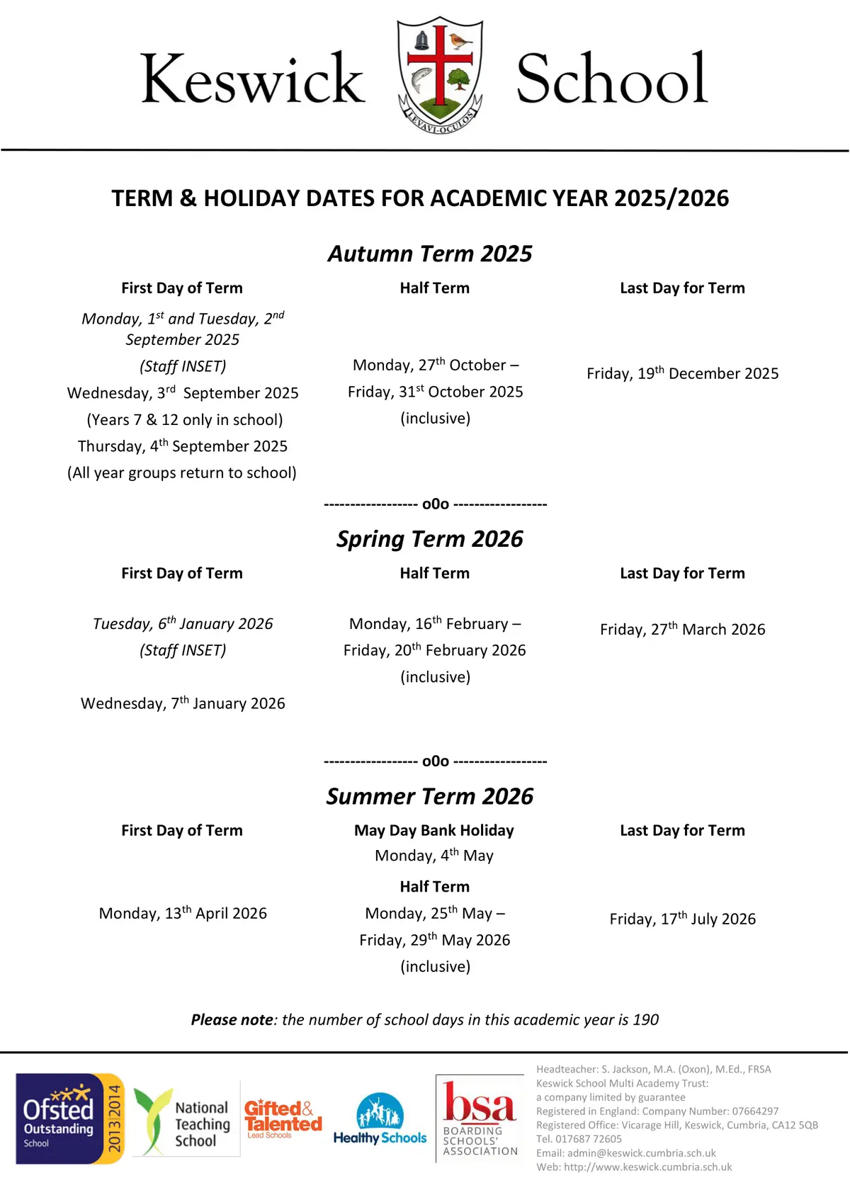 Keswick School term dates