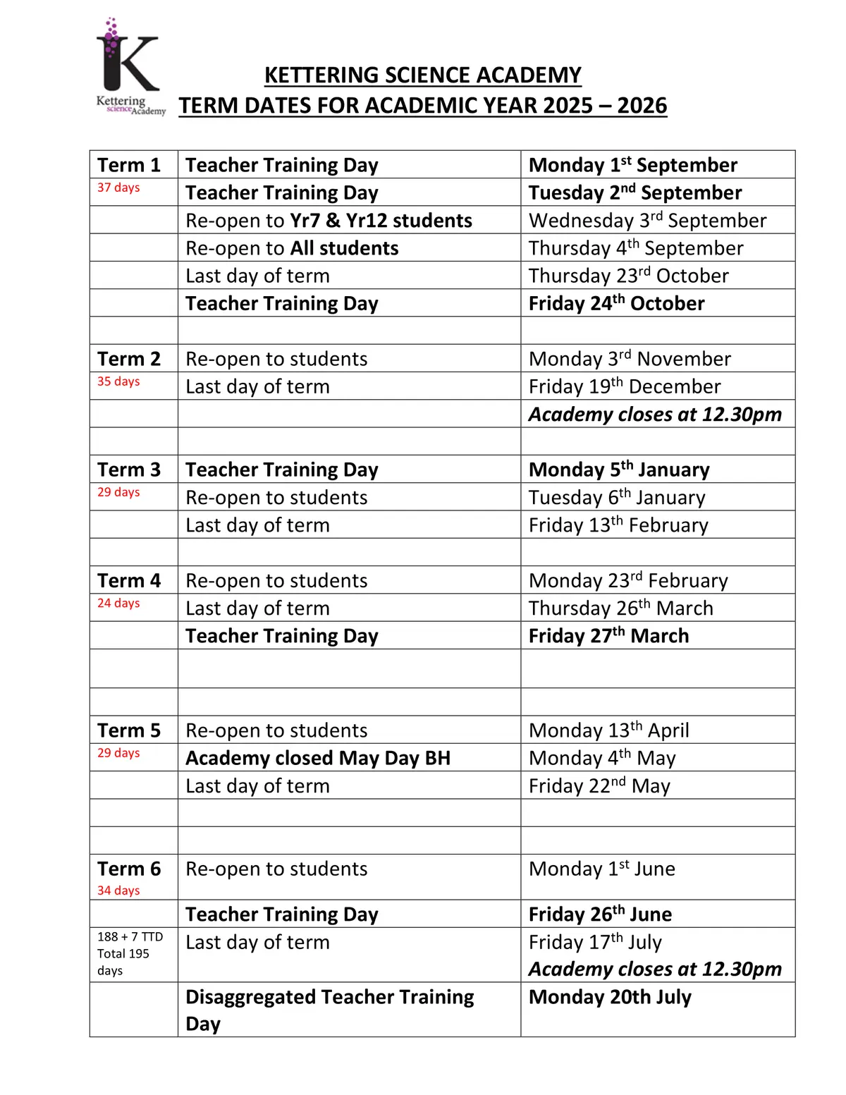 Kettering Science Academy term dates
