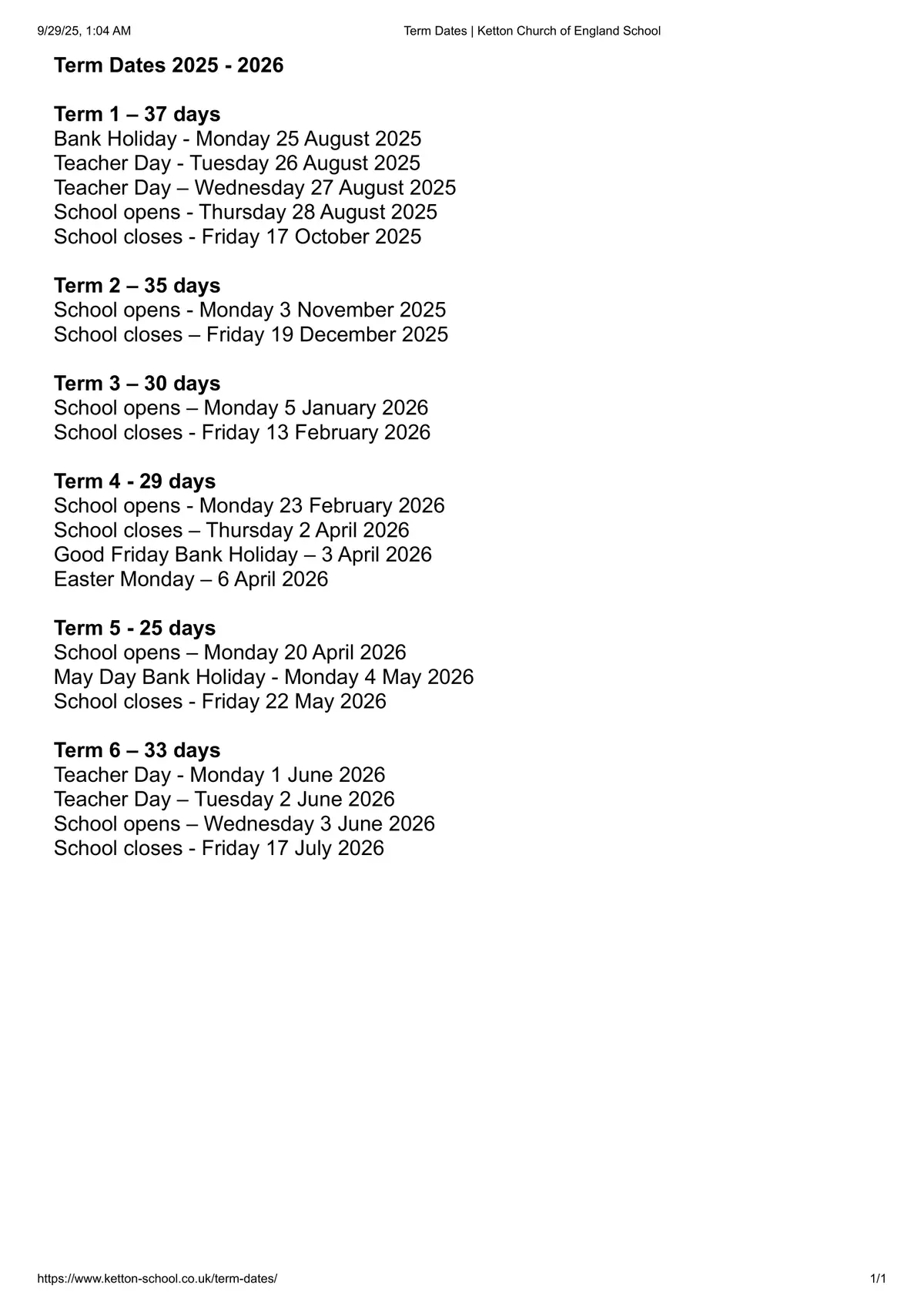 Ketton Church of England Primary School term dates