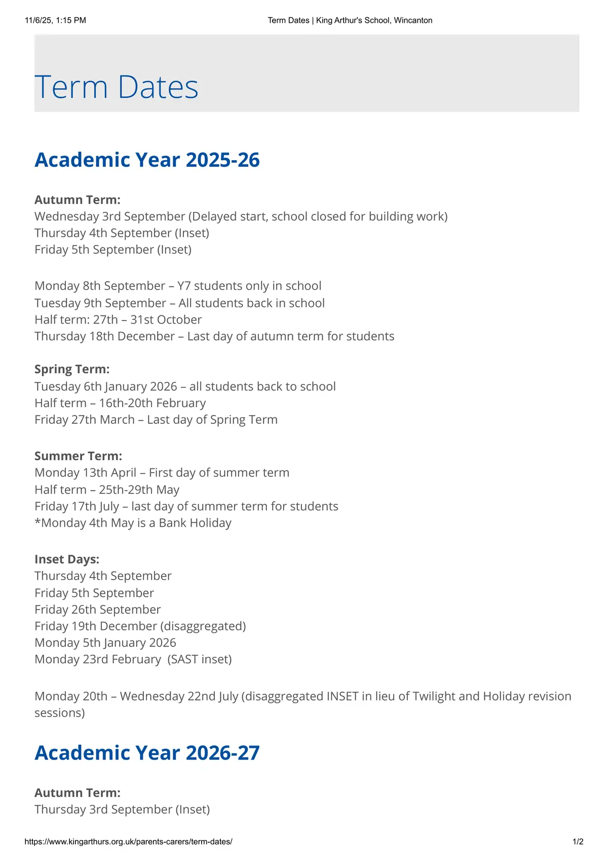 King Arthur's School term dates