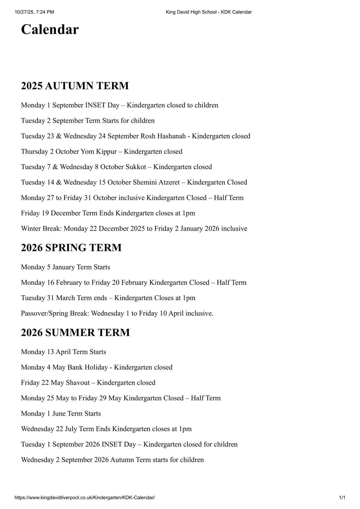 King David High School term dates