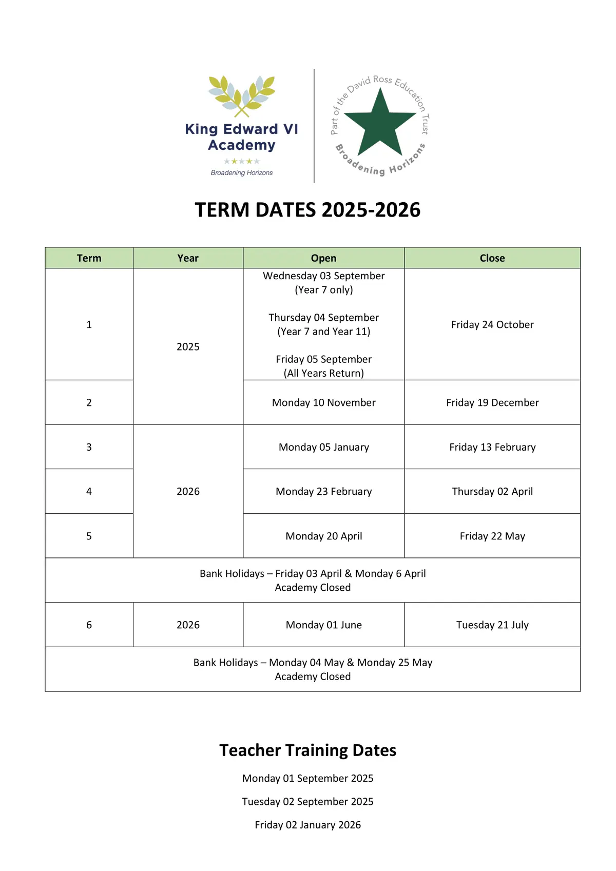 King Edward VI Academy term dates