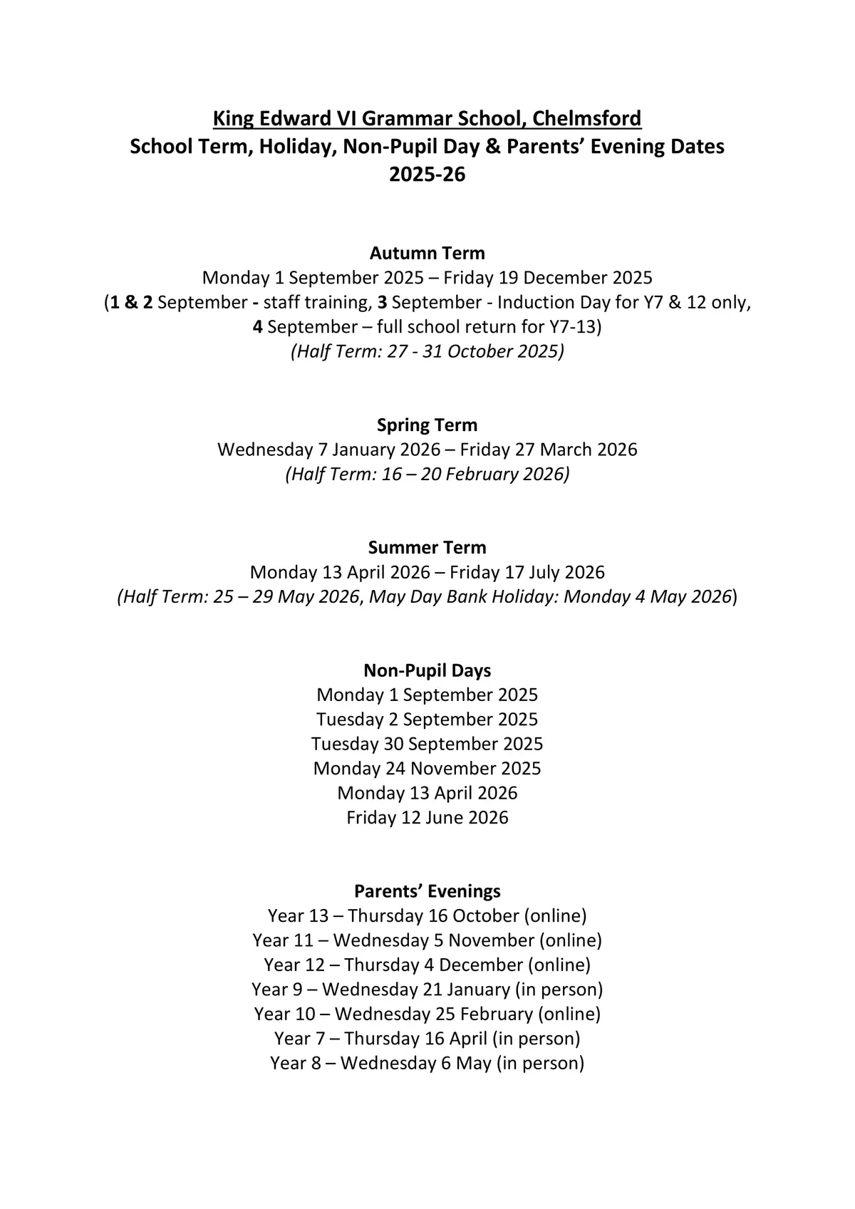 King Edward VI Grammar School term dates