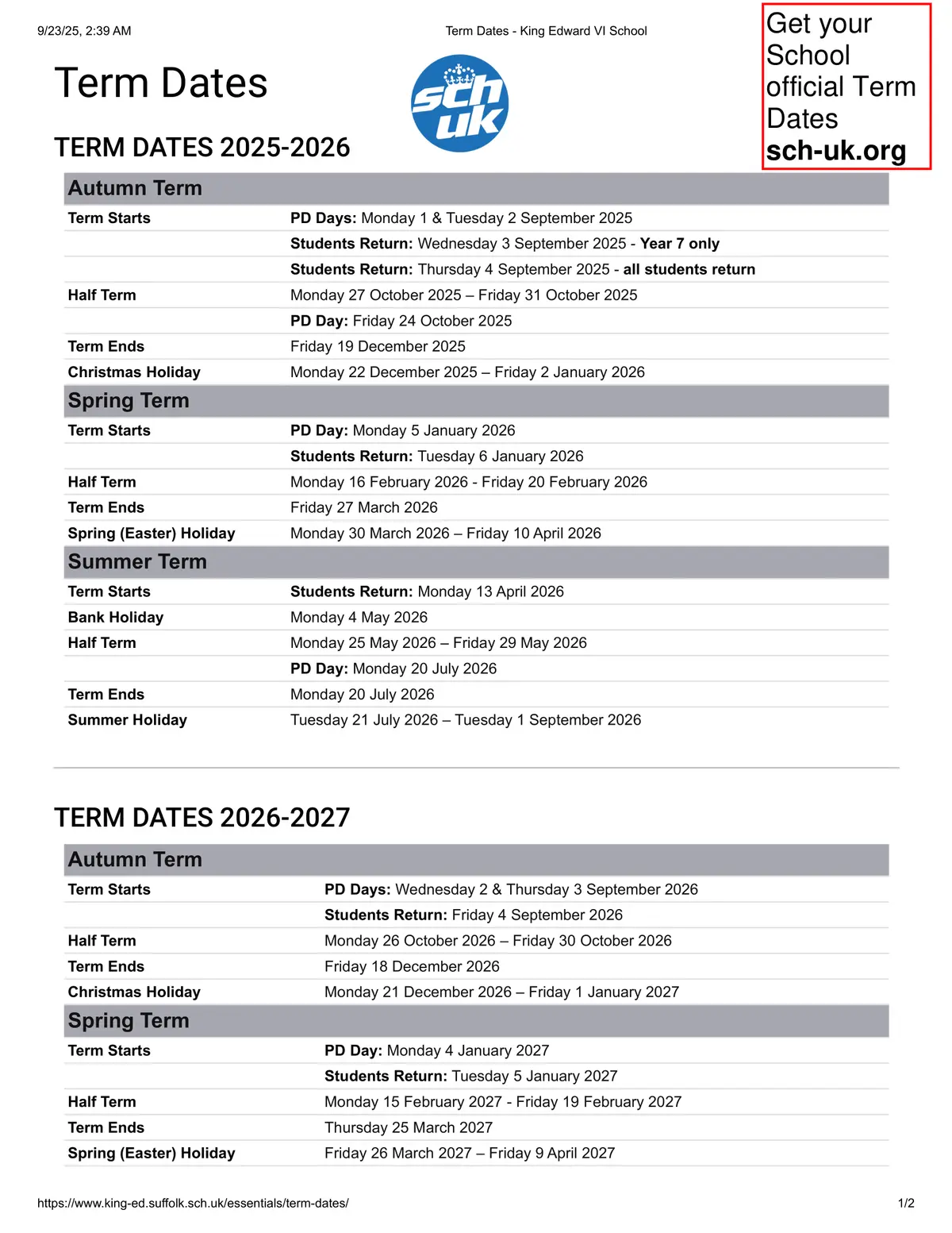 King Edward VI School term dates
