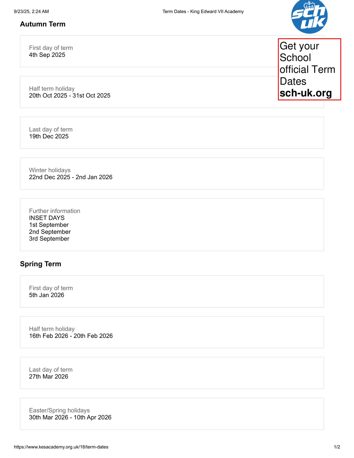 King Edward VII Academy term dates