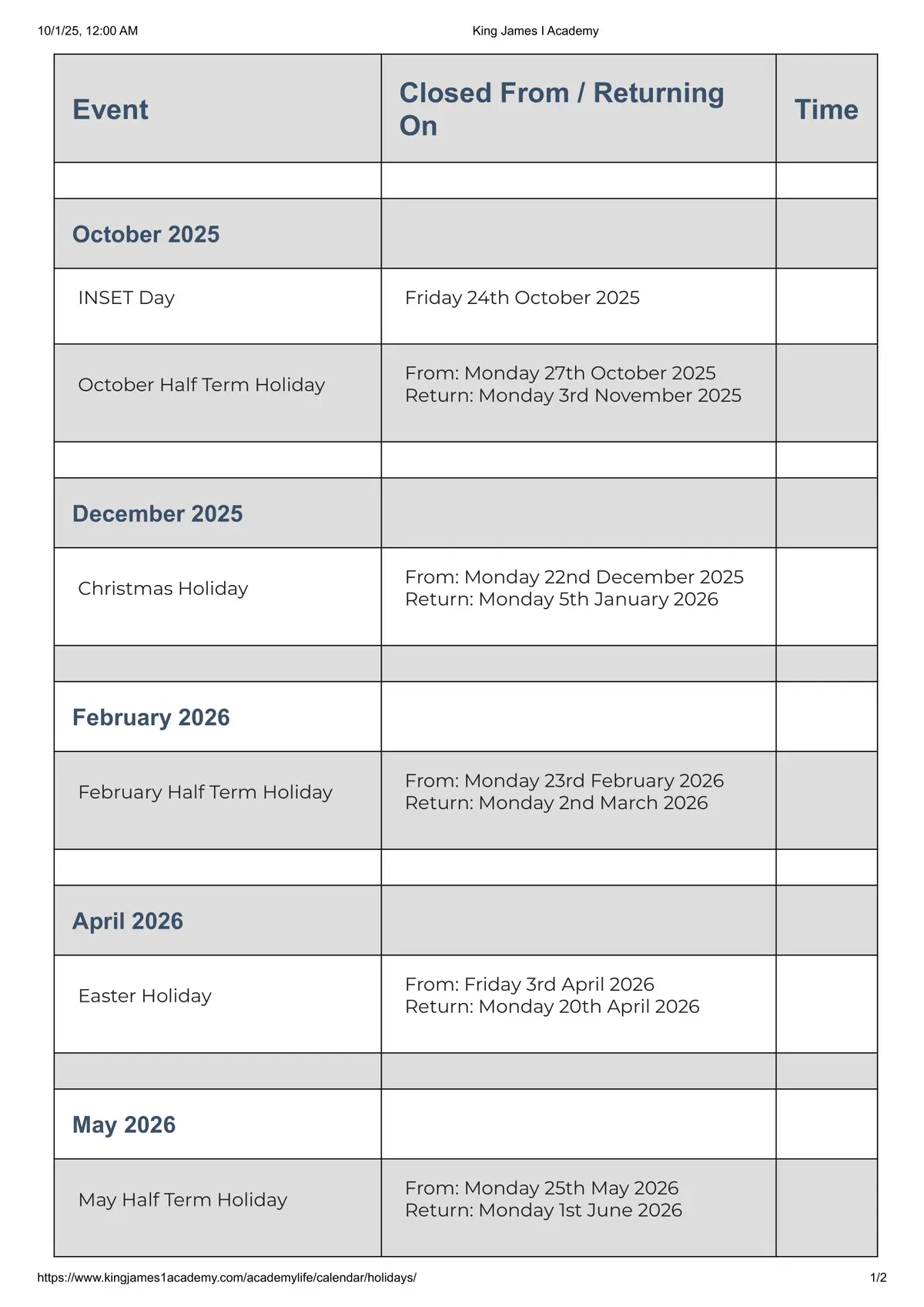 King James's School term dates