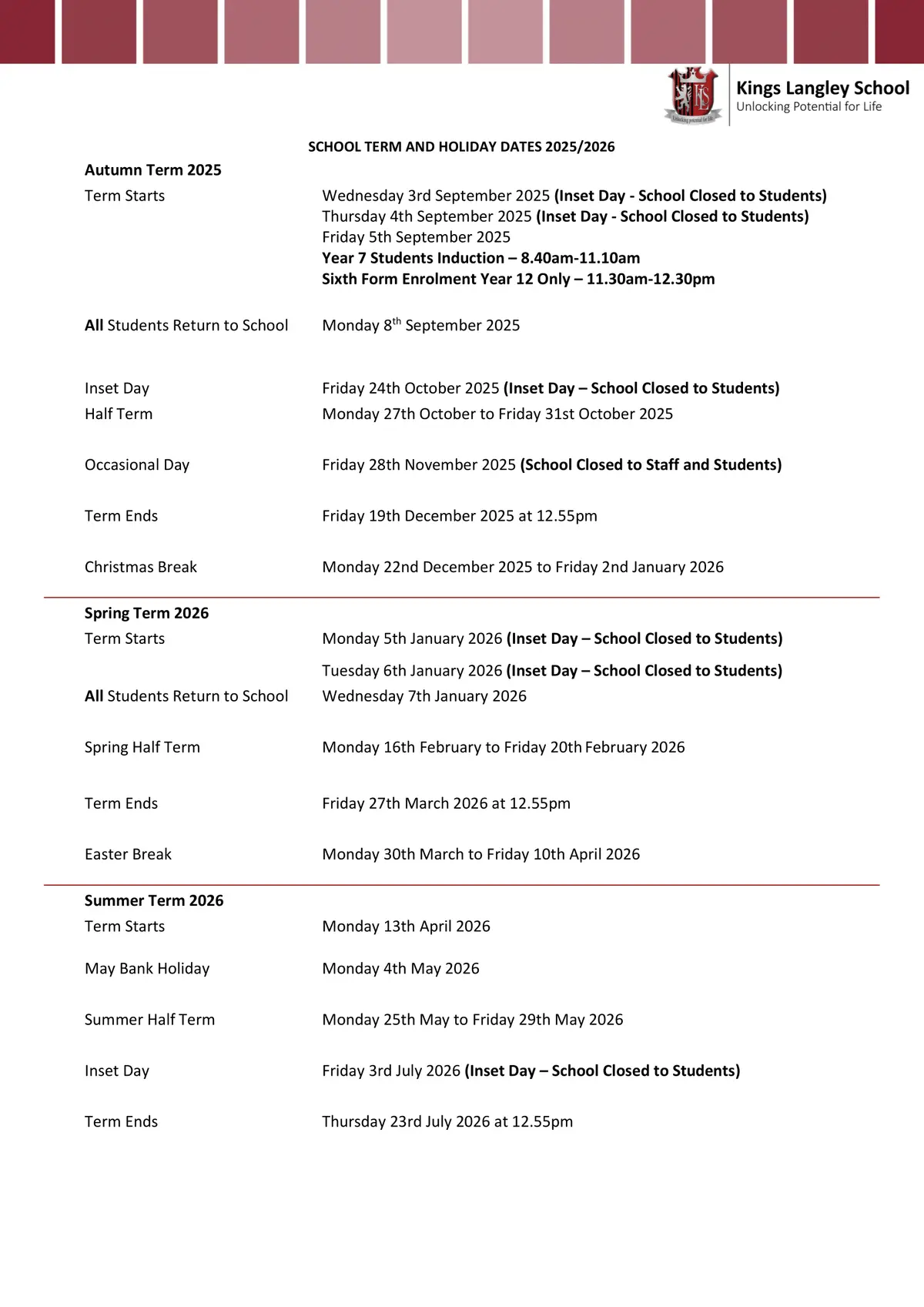Kings Langley School term dates