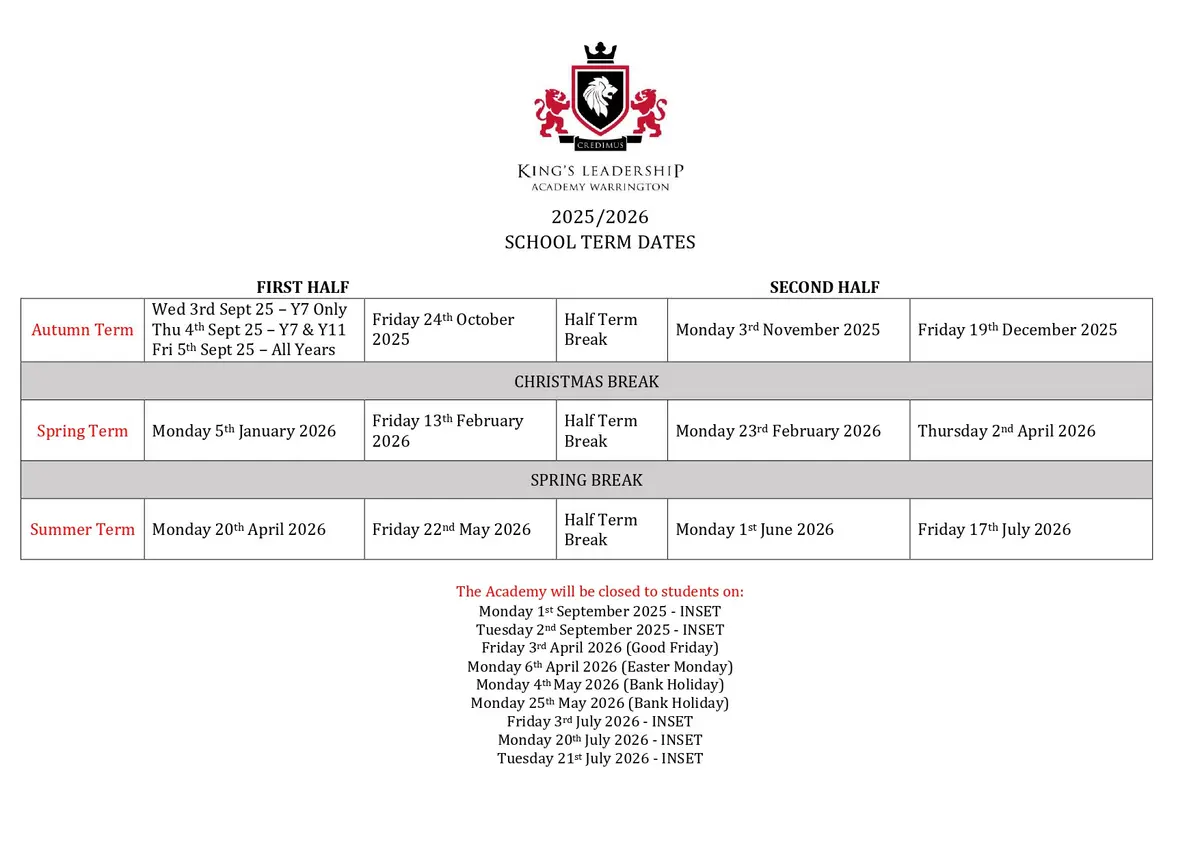 King's Leadership Academy Warrington term dates