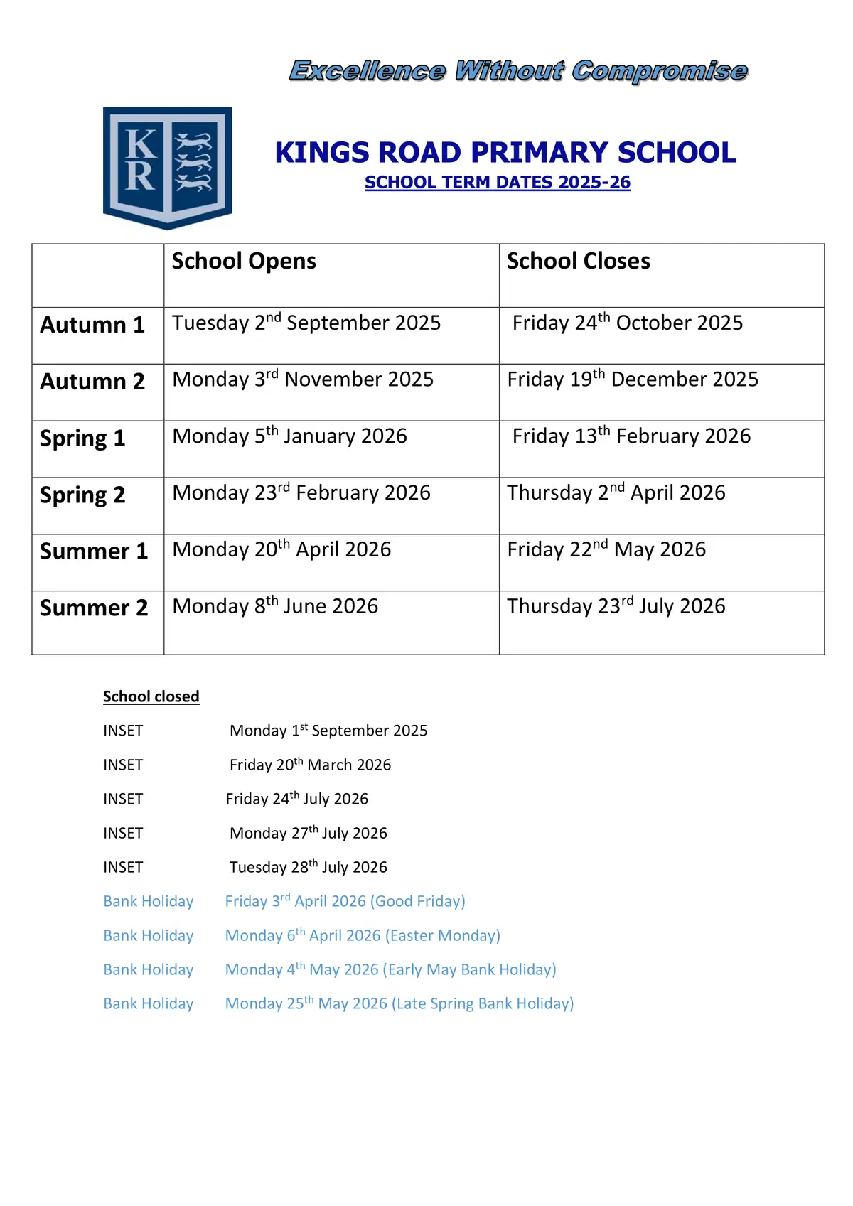 Kings Road Primary School term dates