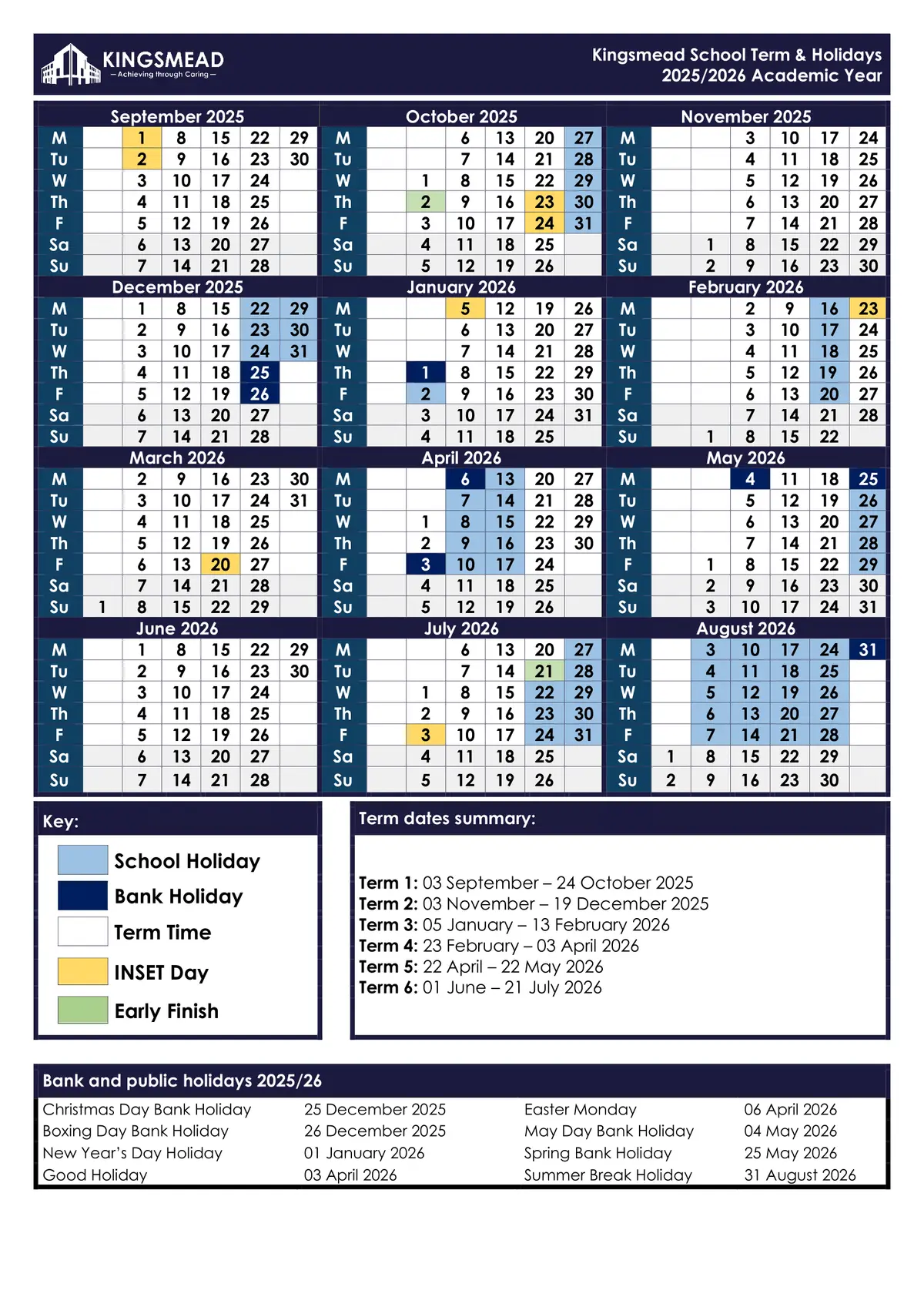 Kingsmead School term dates