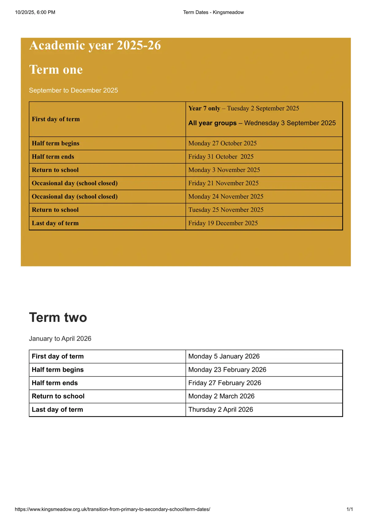 Kingsmeadow Community School term dates