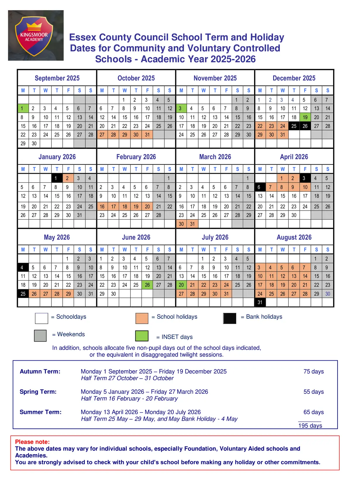 Kingsmoor Academy term dates