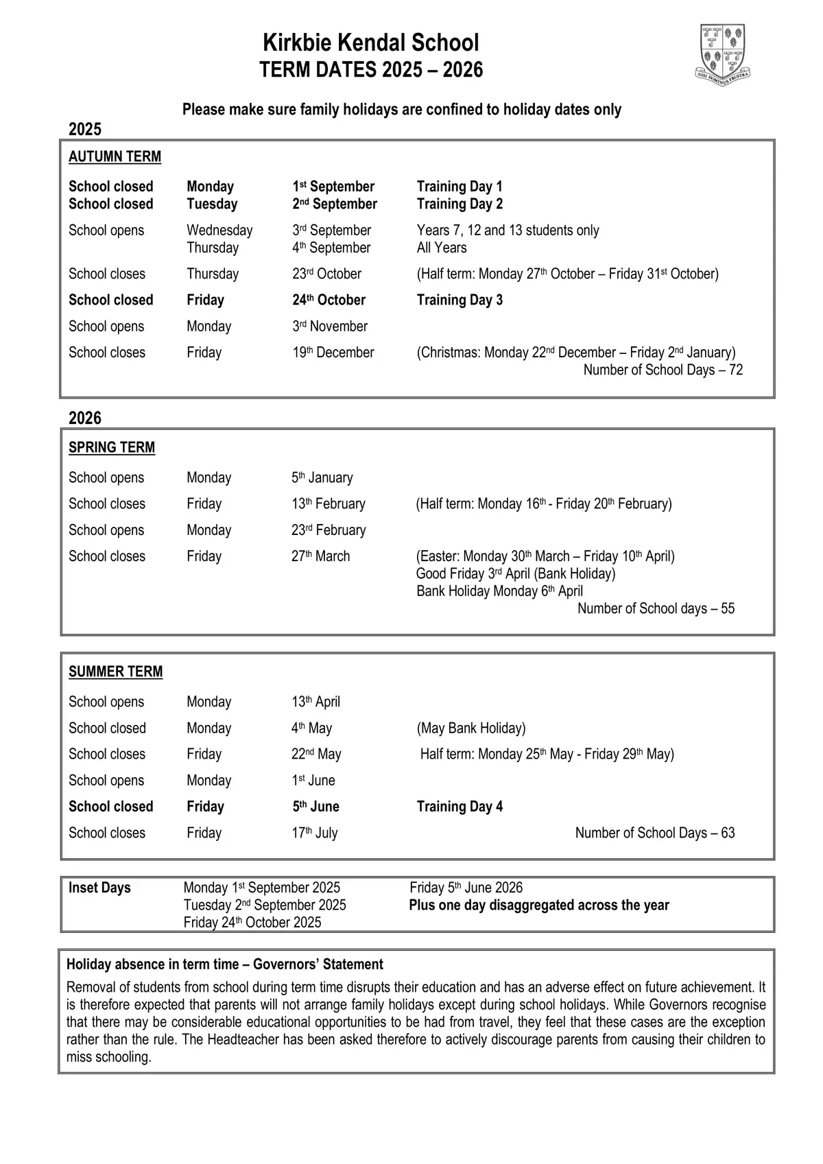 Kirkbie Kendal School term dates