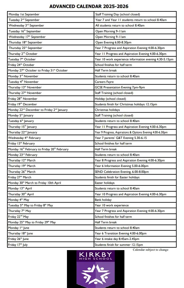 Kirkby High School term dates